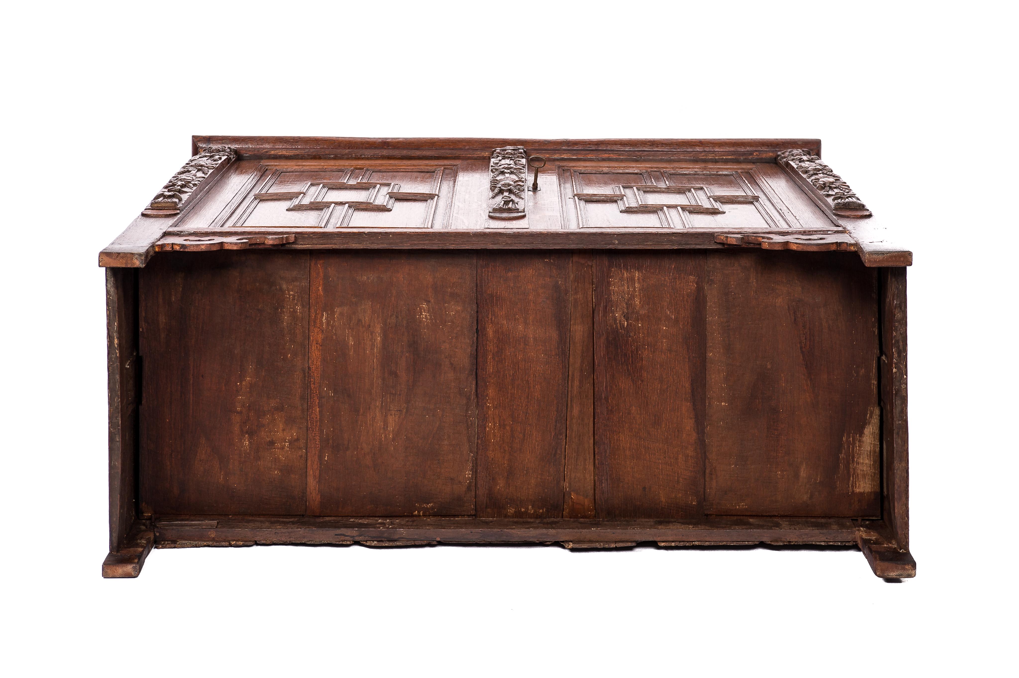17th Century Antique 17th century Flemish solid brown oak Renaissance Carmelite cupboard For Sale