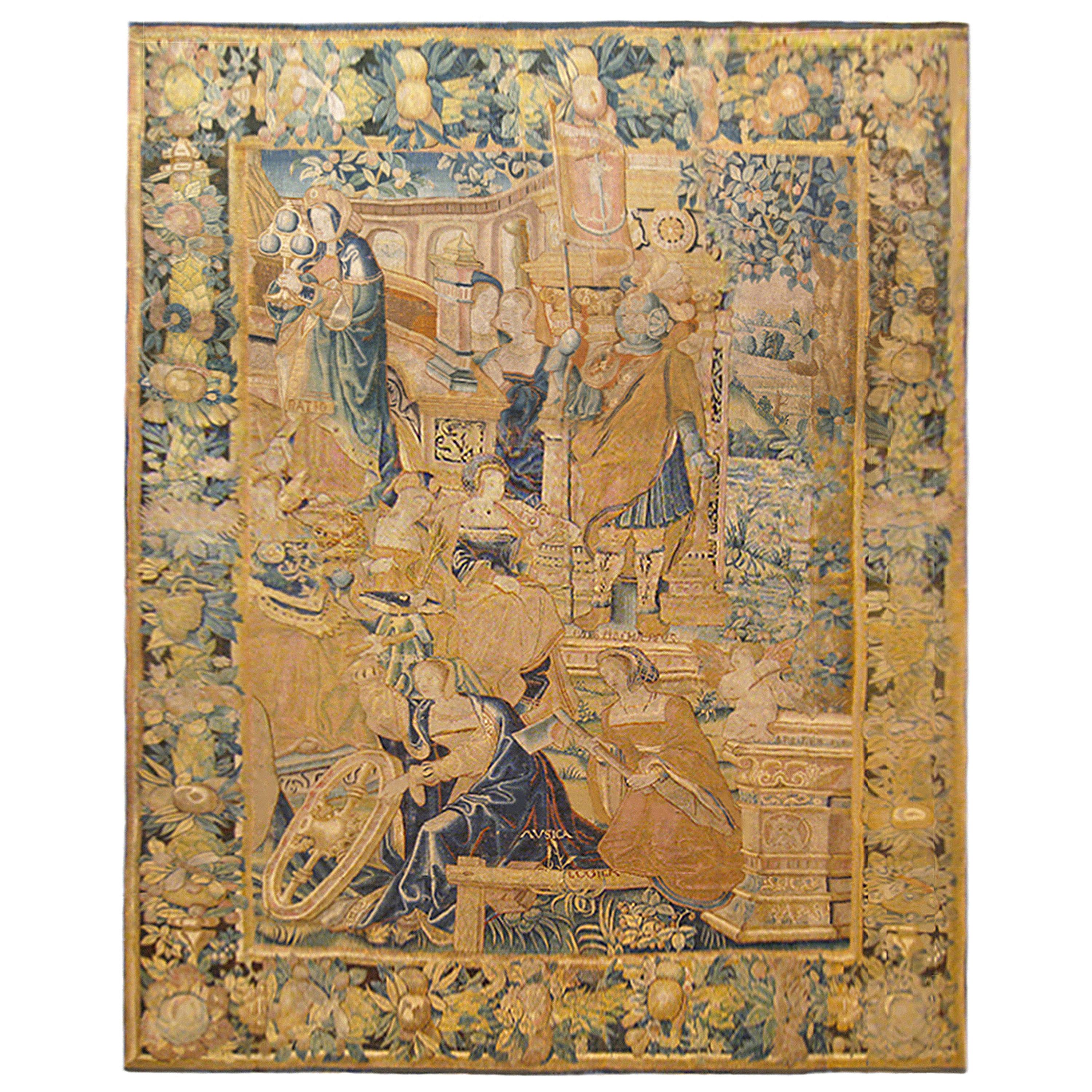 Ancienne tapisserie flamande du XVIIe siècle représentant les arts libéraux et les domaines du savoir