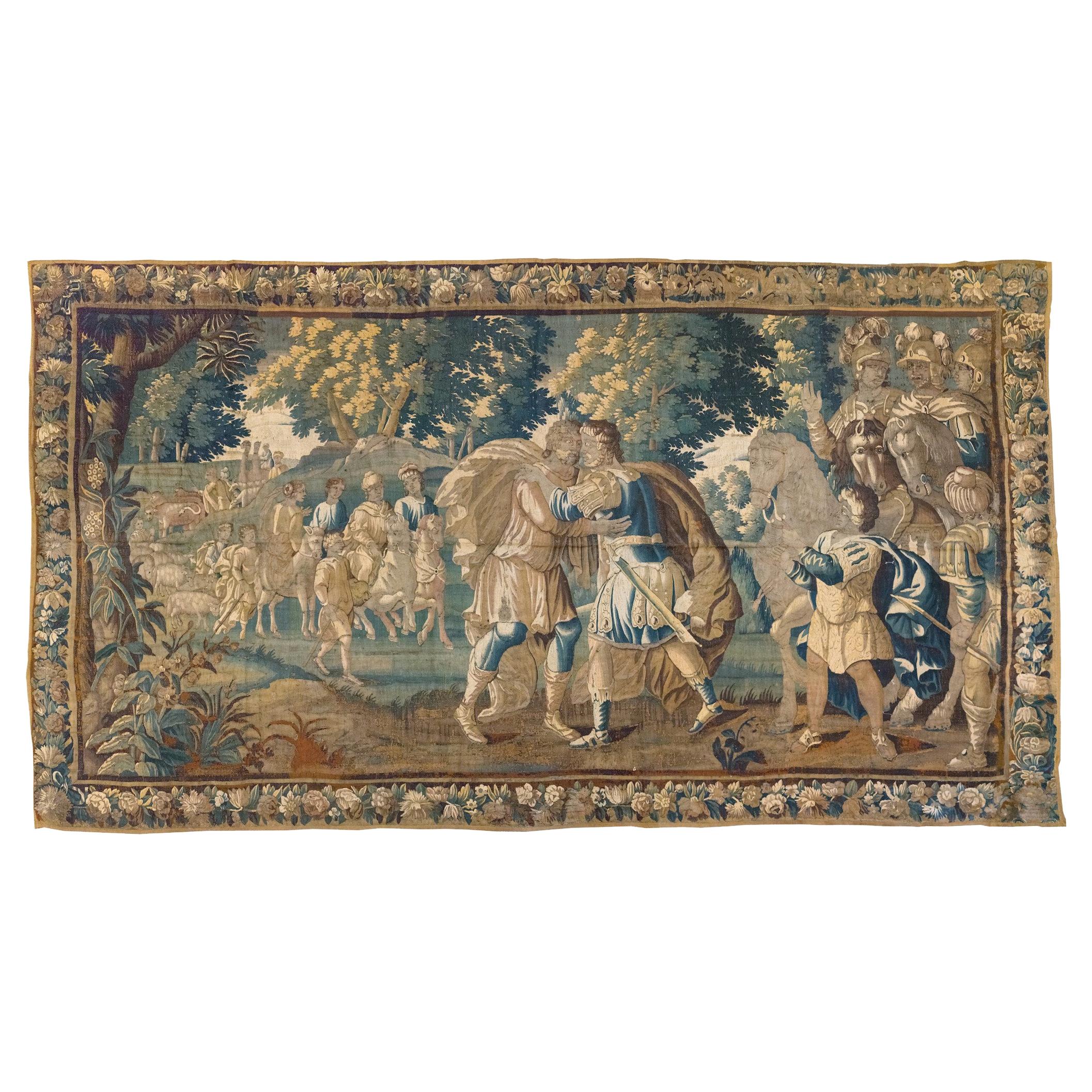 Antique 17th Century Flemish Verdure Tapestry Reconciliation of Jacob and Esau