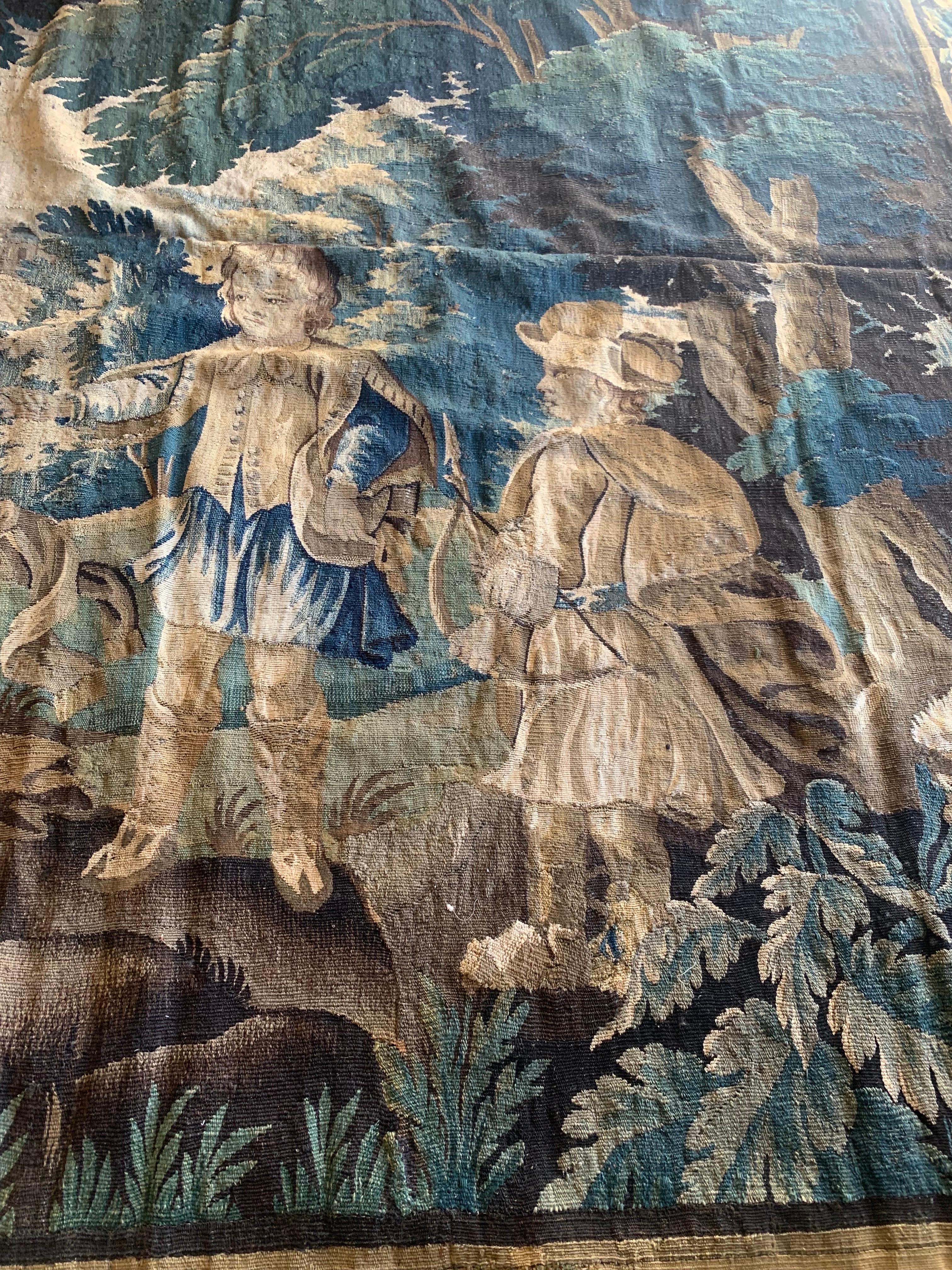 Tapisserie flamande ancienne du 17ème siècle en verdure avec enfants en vente 6