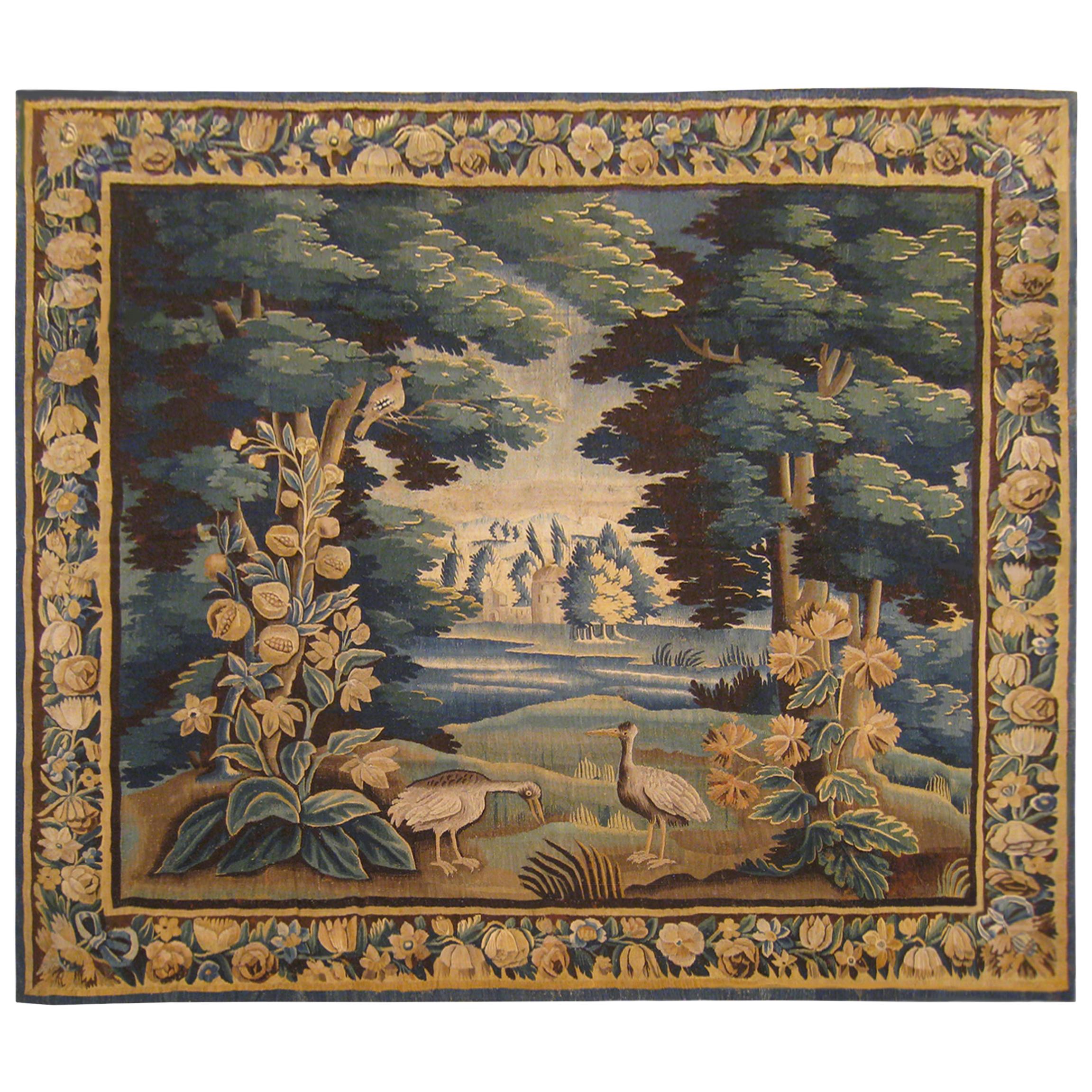 Antique 17th Century Flemish Verdure Tapestry, with Exotic Birds in a Landscape
