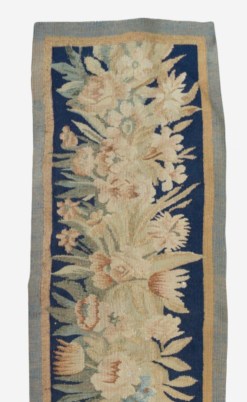Hand-Woven Antique 19th Century Navy and Ivory Floral French Aubusson Tapestry Border Panel For Sale
