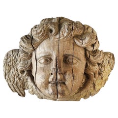 Antique 17th Century French Baroque Carved Oak Winged Cherub Bust
