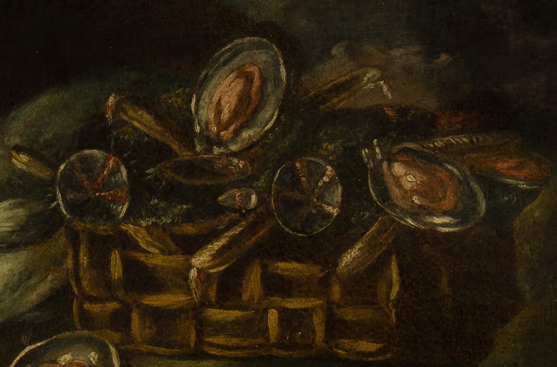 Antique 17th century French Baroque Still Life with Fish.

Net size: 35 x 62 cm
Size with frame: 53.5 x 79.5 cm

Restaured.