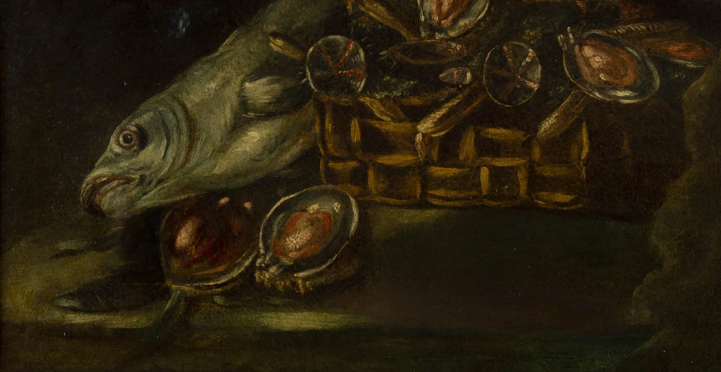 Baroque Nature morte baroque française ancienne du 17e siècle avec poissons en vente