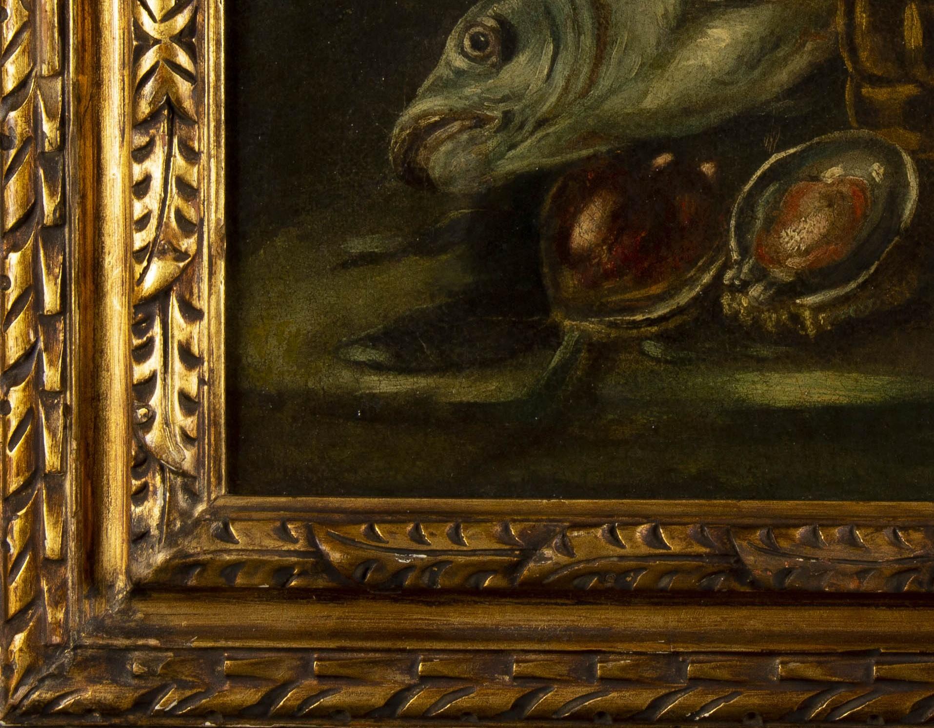 Hand-Painted Antique 17th Century French Baroque Still Life with Fish For Sale