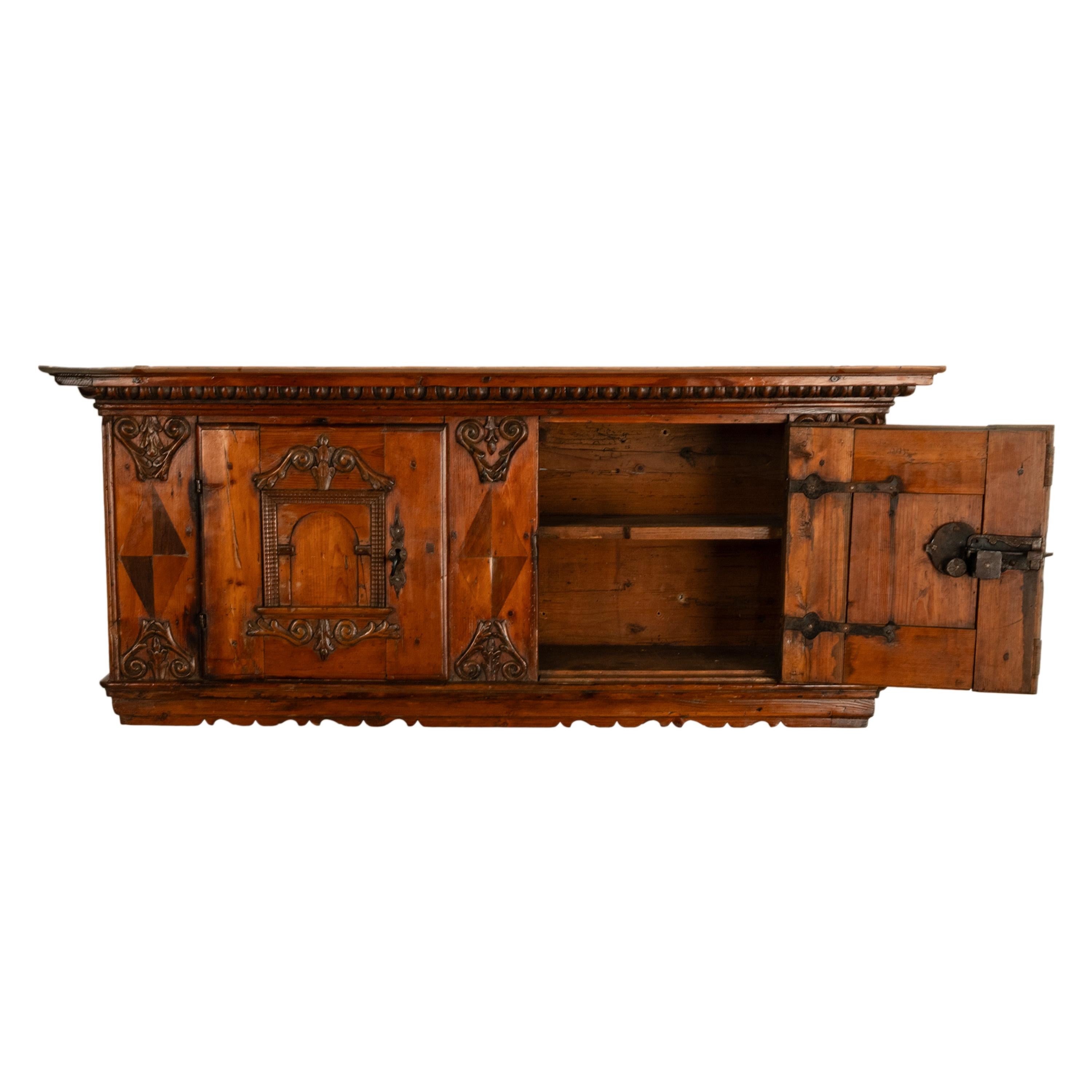 Antique 17th Century German Baroque Inlaid Carved Pine Walnut Wall Cabinet 1680 For Sale 5