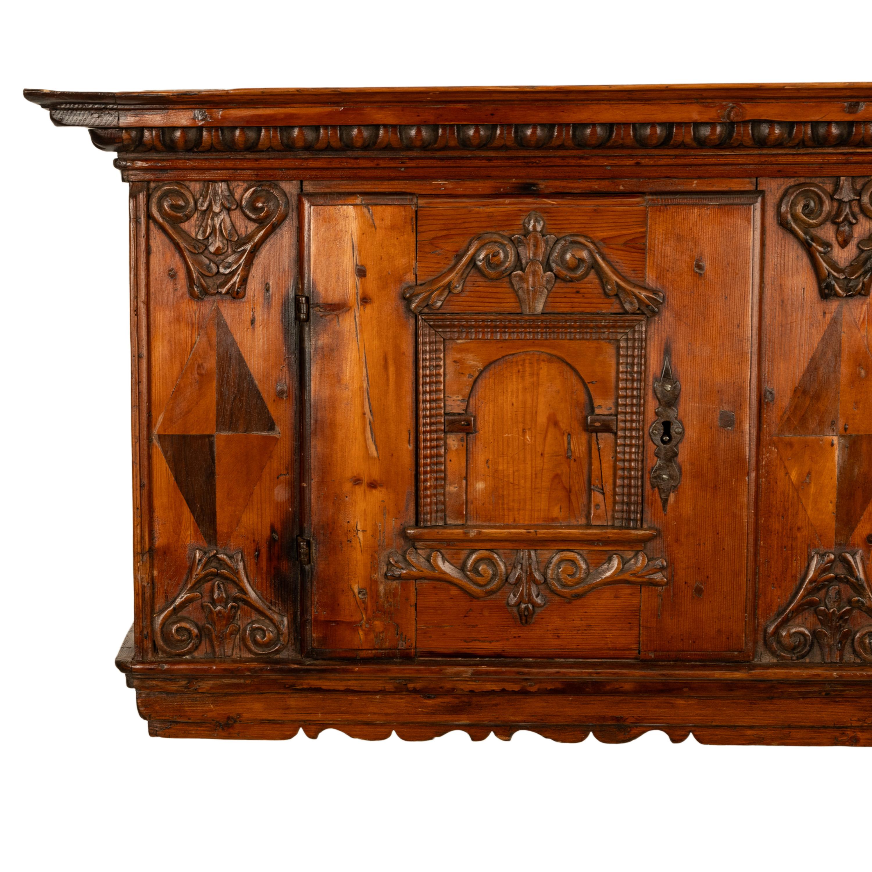 Antique 17th Century German Baroque Inlaid Carved Pine Walnut Wall Cabinet 1680 For Sale 9