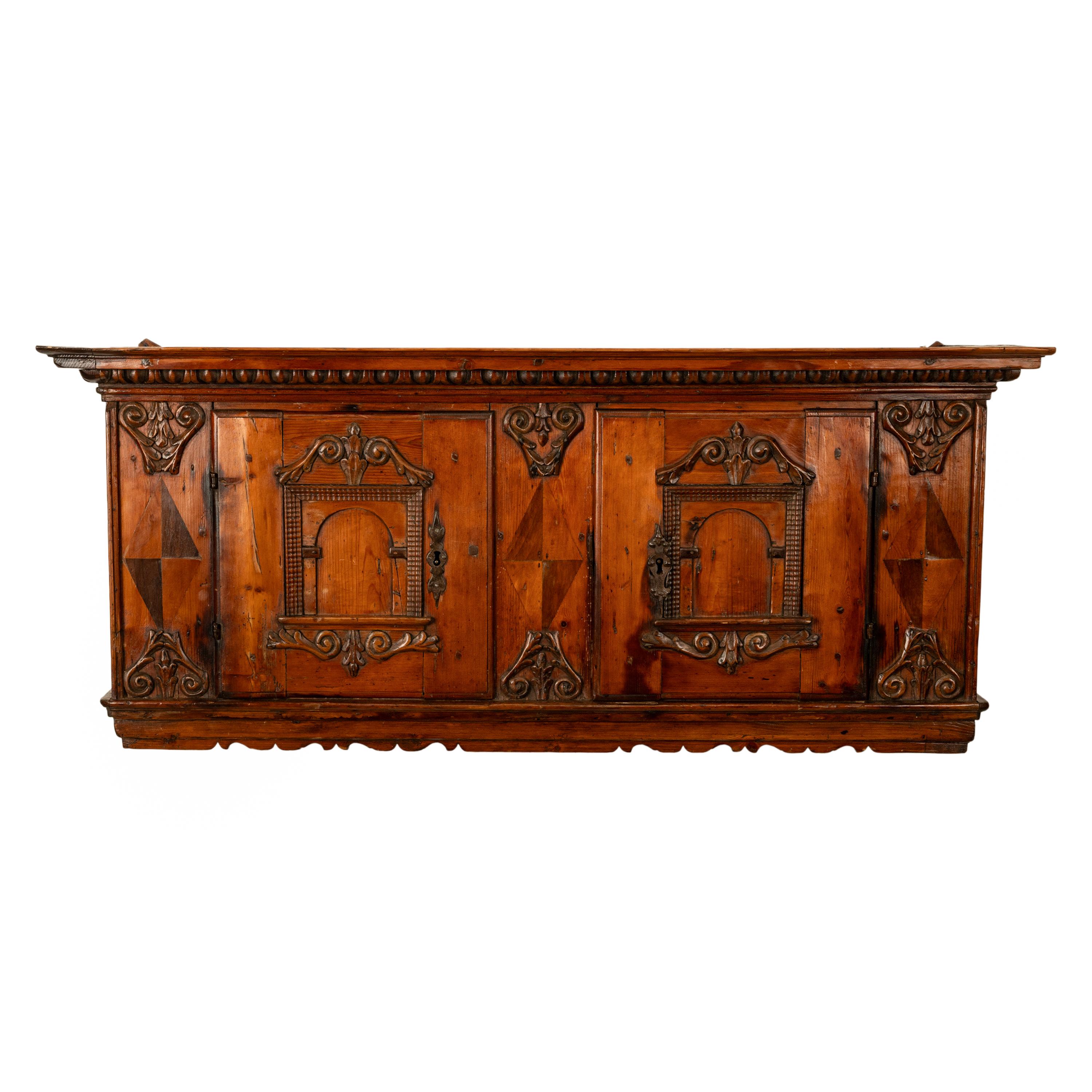 Antique 17th Century German Baroque Inlaid Carved Pine Walnut Wall Cabinet 1680 For Sale 11