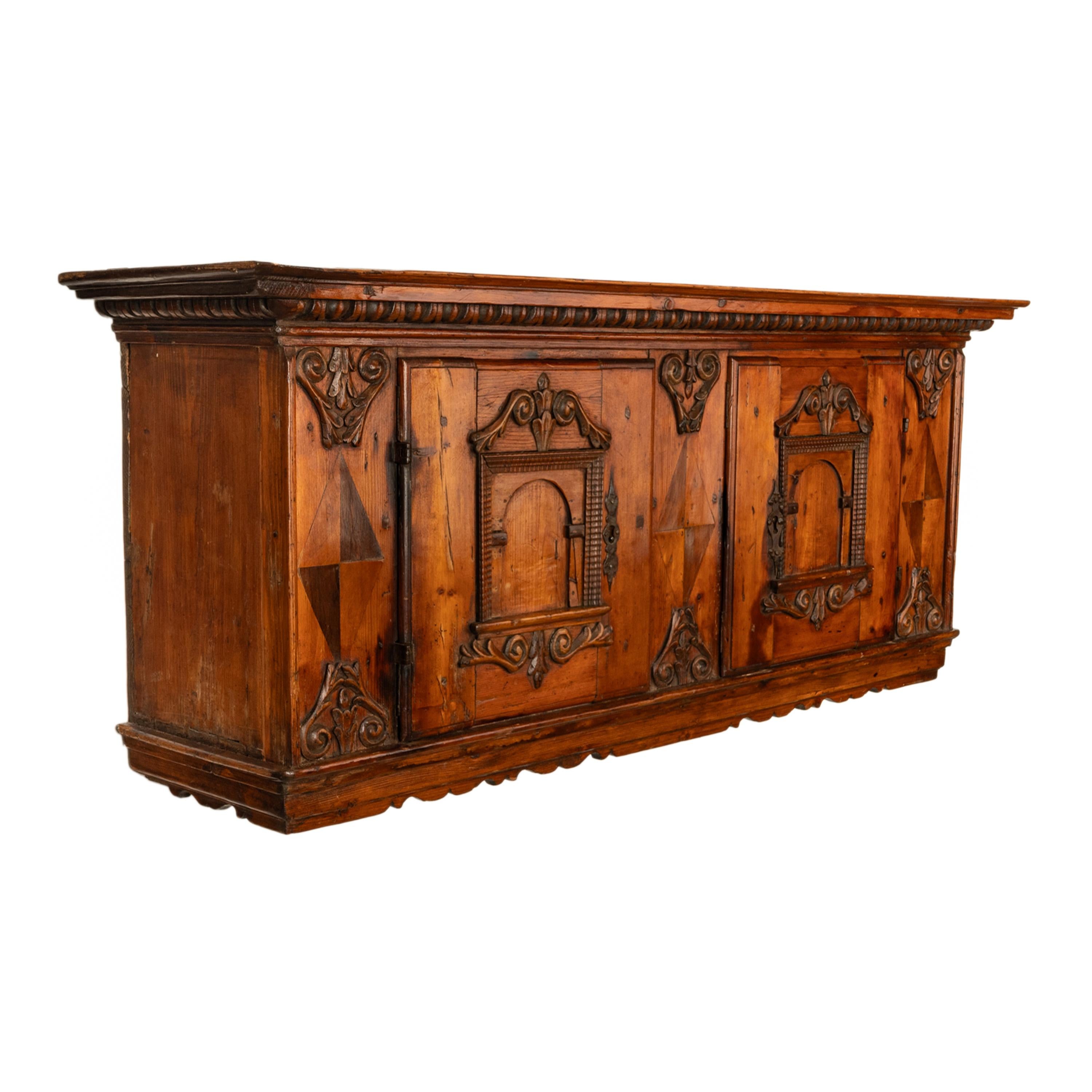 Antique 17th Century German Baroque Inlaid Carved Pine Walnut Wall Cabinet 1680 In Good Condition For Sale In Portland, OR