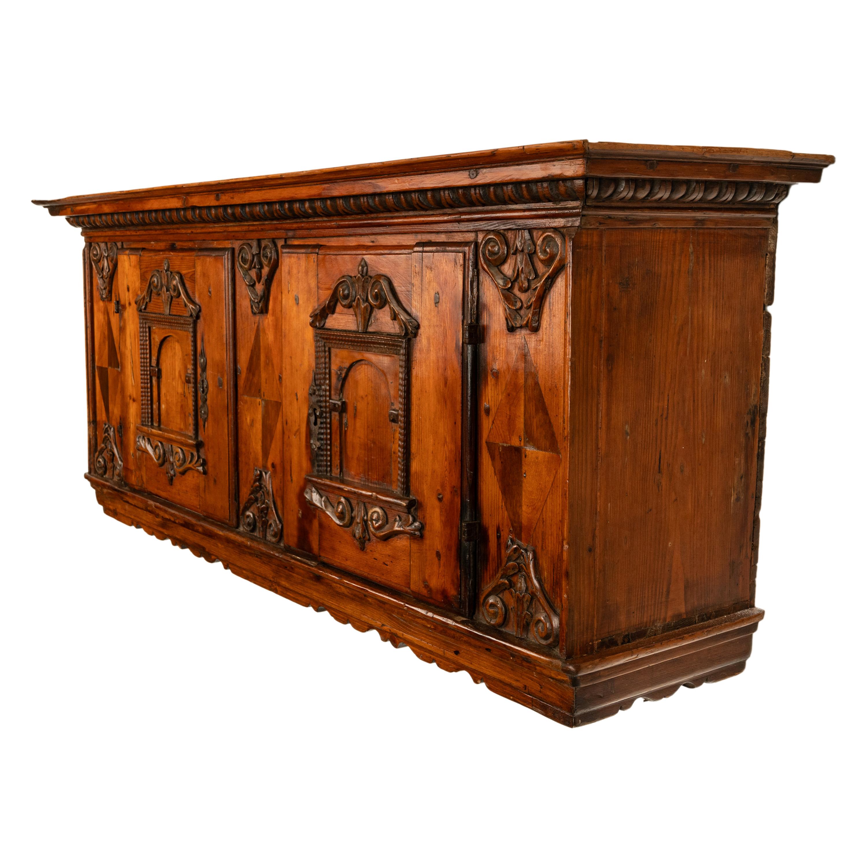 Late 17th Century Antique 17th Century German Baroque Inlaid Carved Pine Walnut Wall Cabinet 1680 For Sale