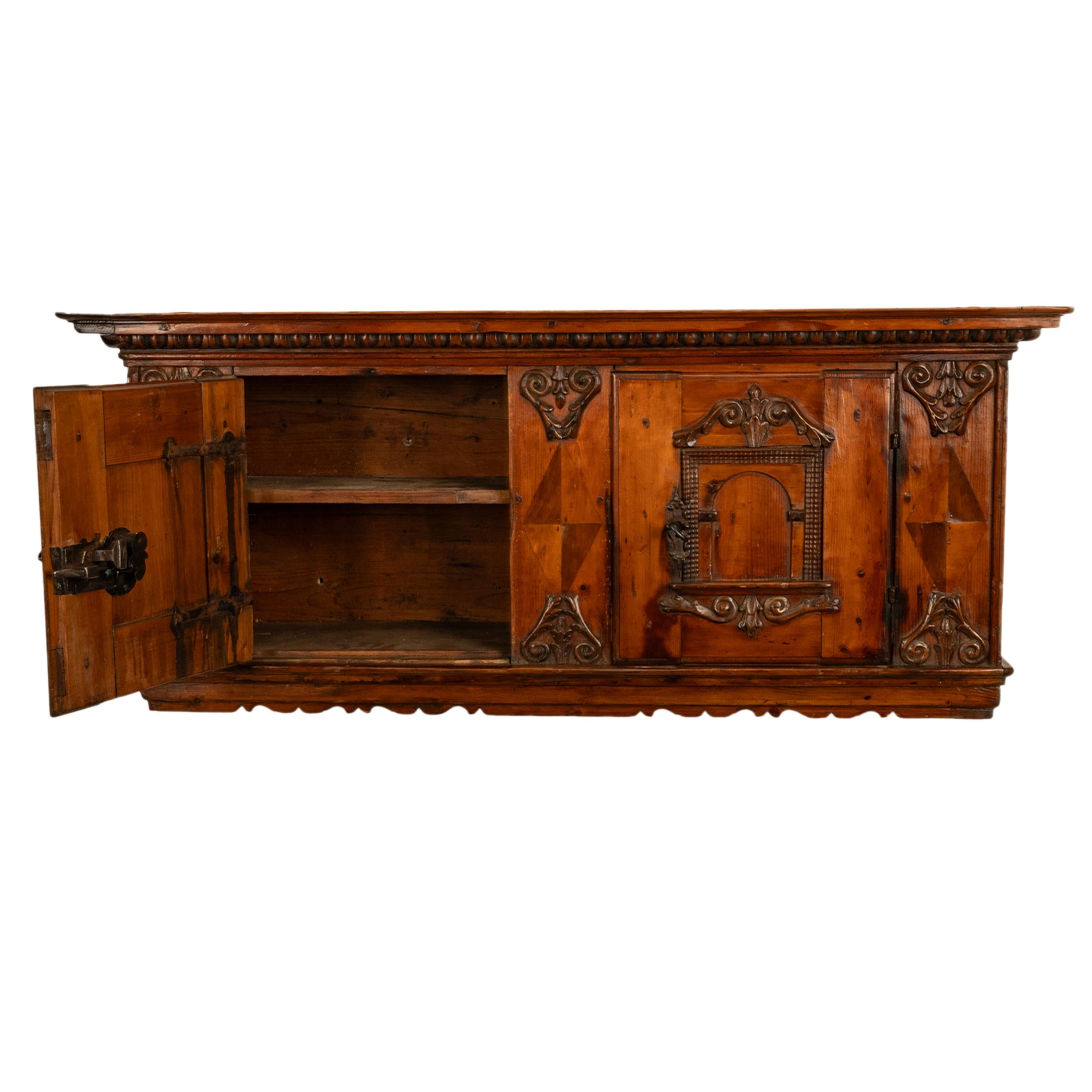 Antique 17th Century German Baroque Inlaid Carved Pine Walnut Wall Cabinet 1680 For Sale 4