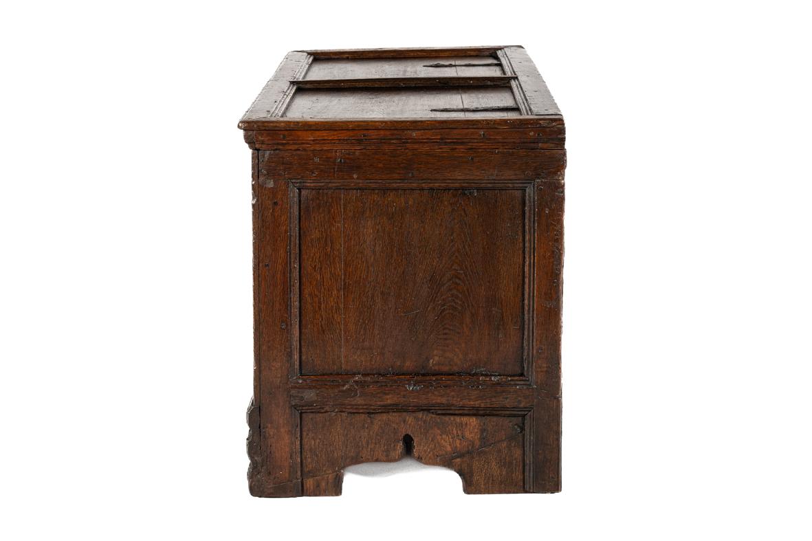 Renaissance Coffre ou malle ancienne allemande du 17ème siècle en Chêne Chaud et Clair avec panneaux géométriques en vente