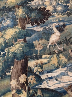 Antique 17th Century Green Flemish Verdure Landscape Tapestry with Birds