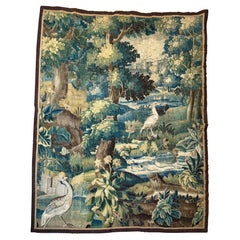 Antique 17th Century Green Flemish Verdure Landscape Tapestry with Birds