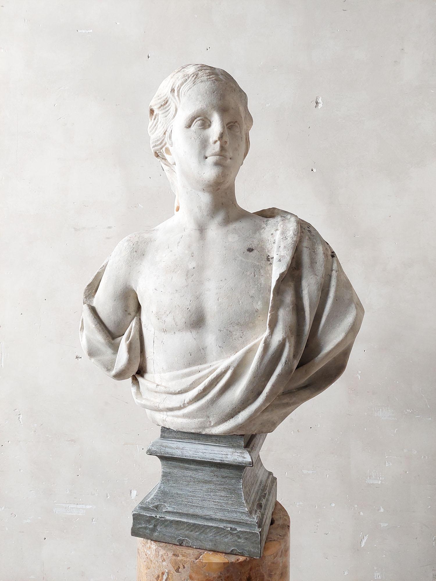 Italian Antique, 17th century hand-carved Carrara Marble Bust 