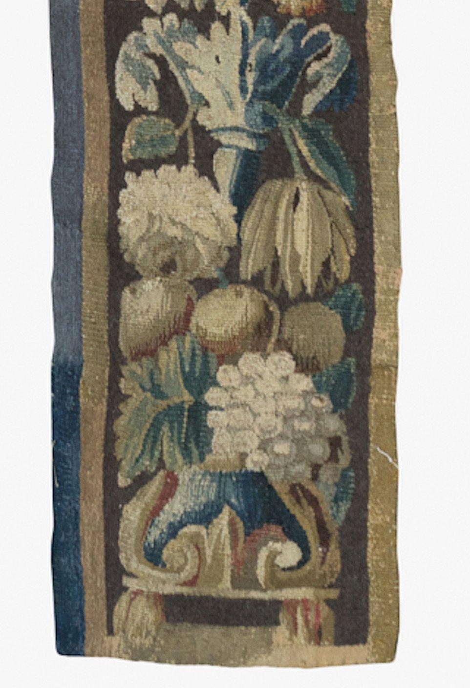 Hand-Woven Antique 17th Century Ivory Blue Brown French Aubusson Tapestry Border Panel For Sale