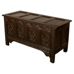 Antique 17th Century Jacobean Charles II Dark Oak Carved Coffer Chest 1680