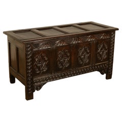 Antique 17th Century Jacobean Charles II Dark Oak Carved Coffer Chest 1680