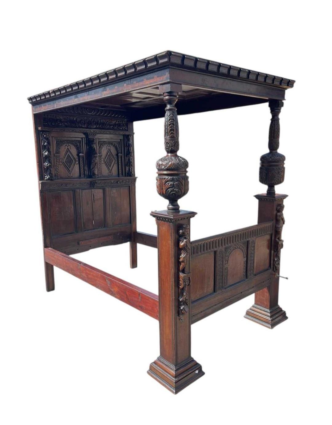 A 17th century carved oak four poster bed, with later elements, the headboard depicting the legend of St Veronica who was said to have wiped Christ's brow free of blood on the way to his Crucifixion with her veil, which is kept in the Vatican's