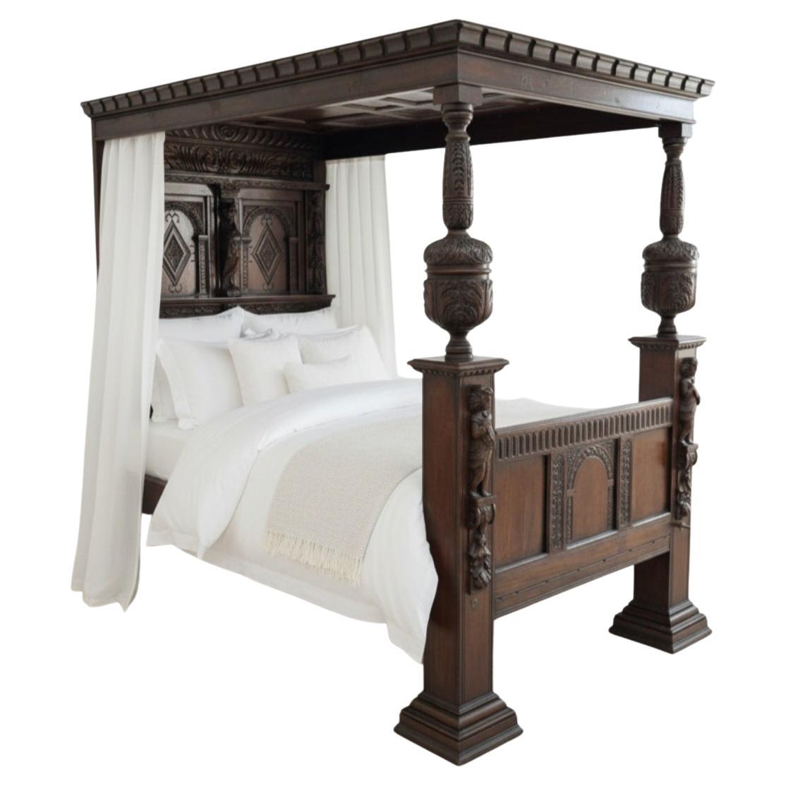 Lit à baldaquin jacobéen ancien du XVIIe siècle à quatre colonnes en vente