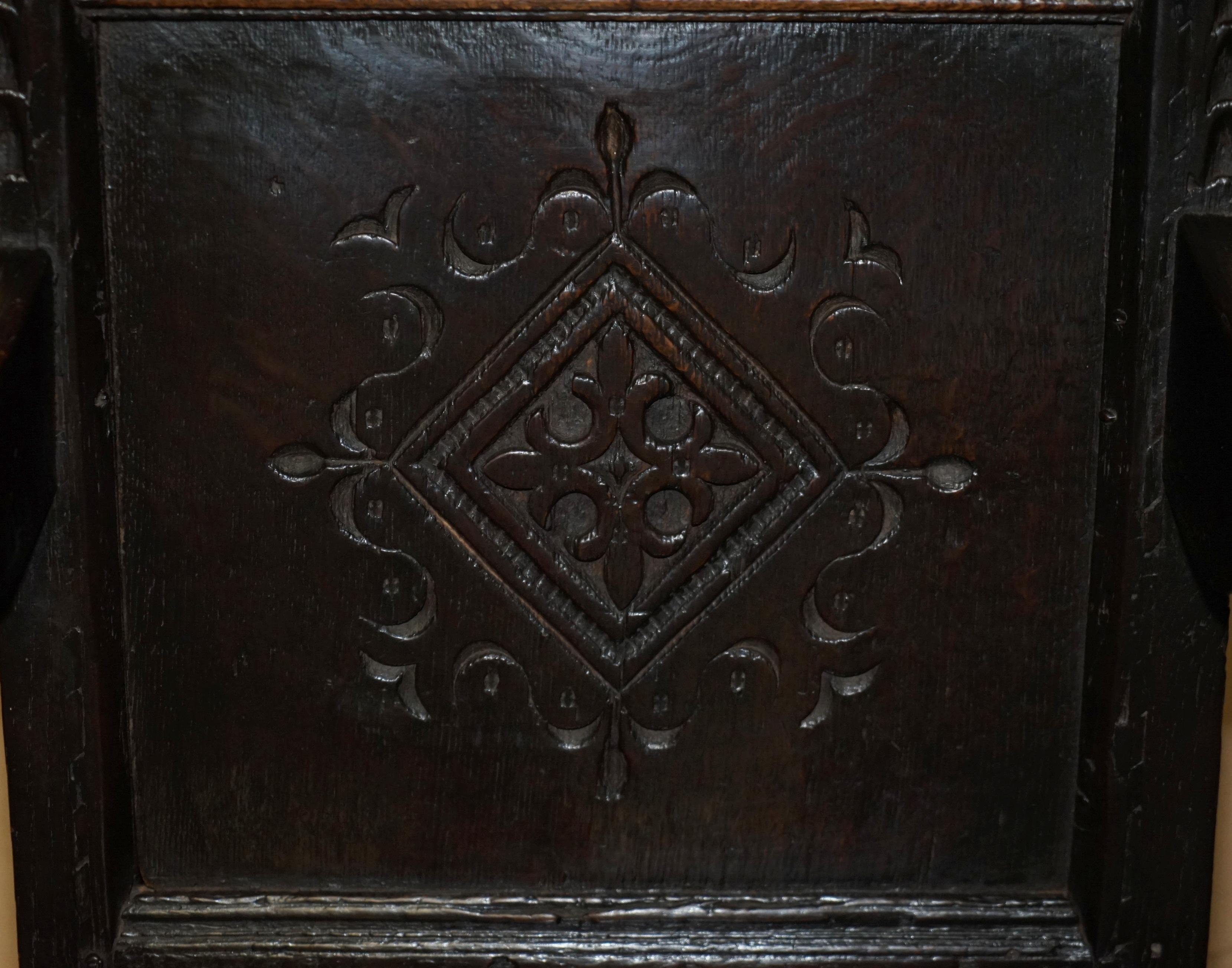 Antique 17th Century Jacobean Hand Carved English Oak Armchair Tudor Panelling For Sale 12