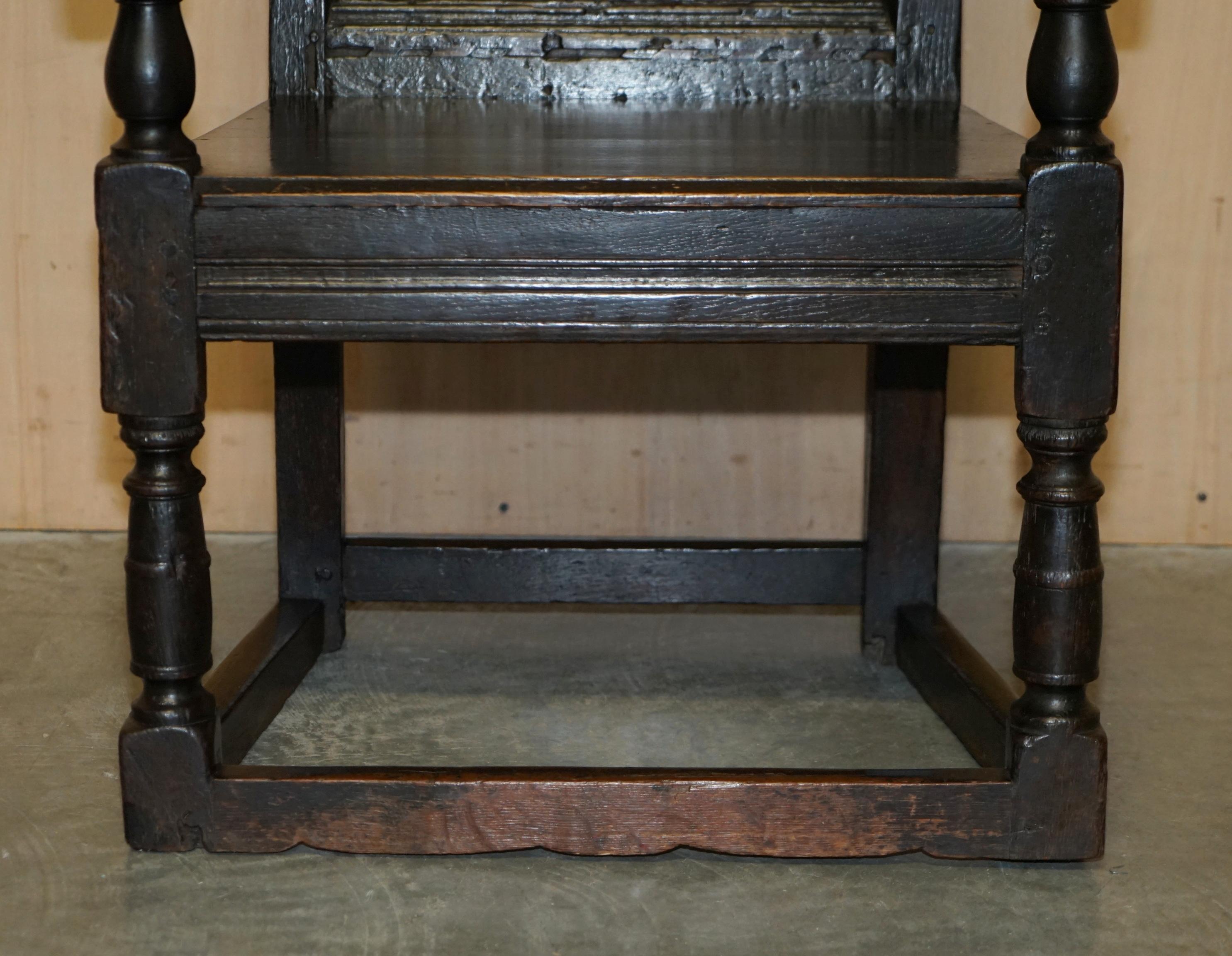 18th Century and Earlier Antique 17th Century Jacobean Hand Carved English Oak Armchair Tudor Panelling For Sale