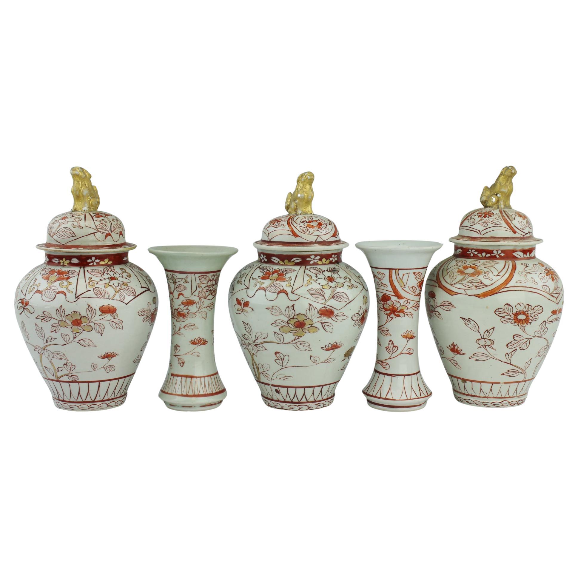 Antique 17th Century Japanese Porcelain Garniture Vases Blood and Milk Edo Pe For Sale