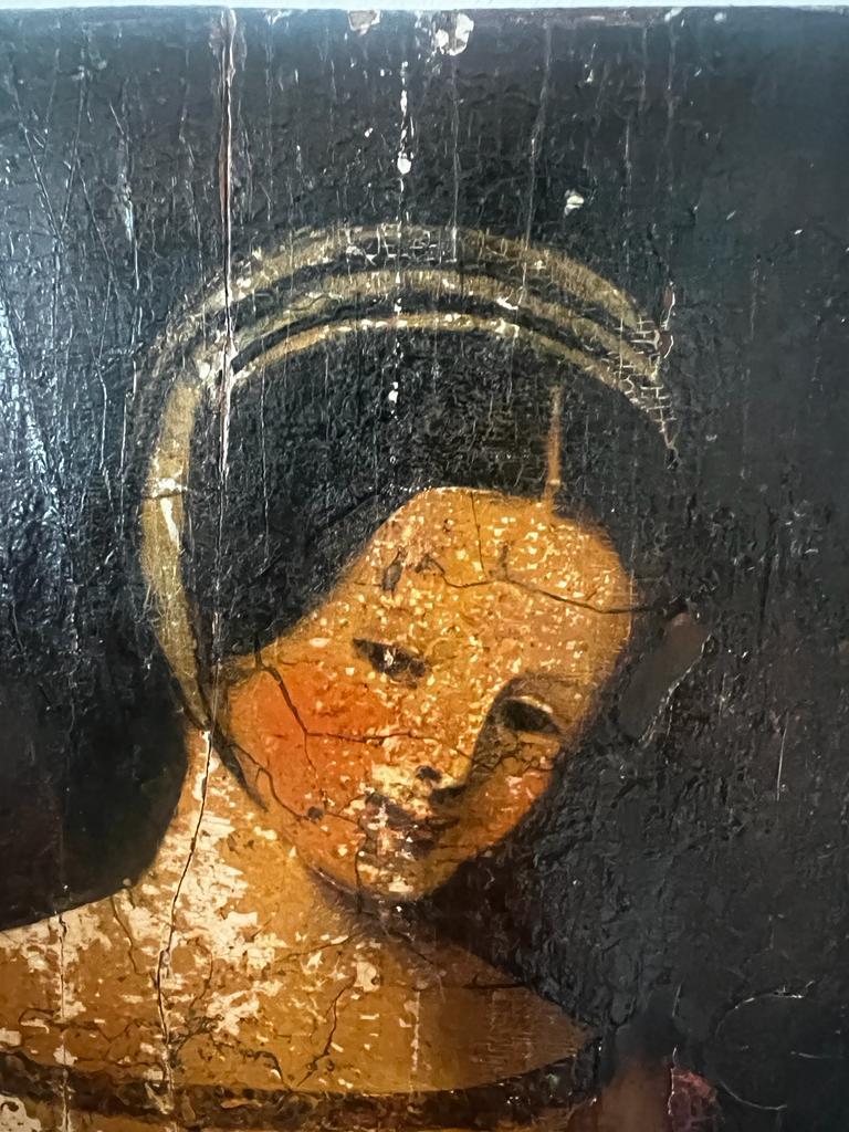 This wonderful antique oil on wood painting is masterfully painted on wood and most likely was a part of a wood room paneling (unknown ).