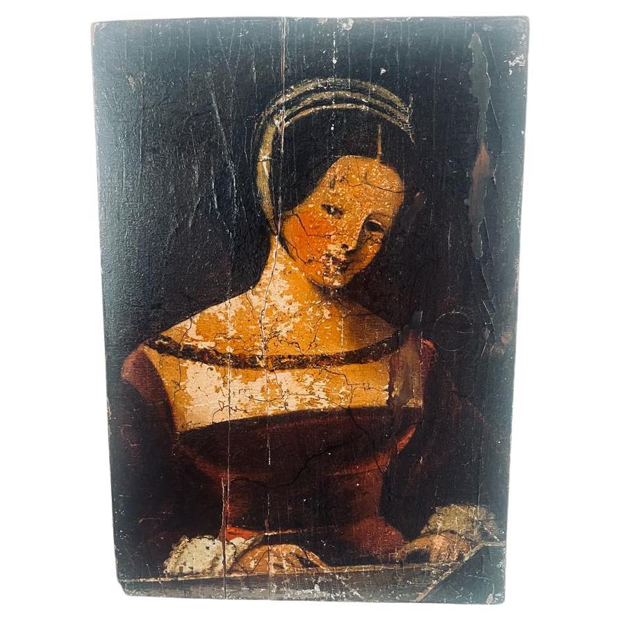 Antique 17th Century Lady Portrait Oil on Wood For Sale