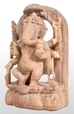 Antique 17th Century Hindu Carved Sandstone Ganesha Statue Stele India 1600