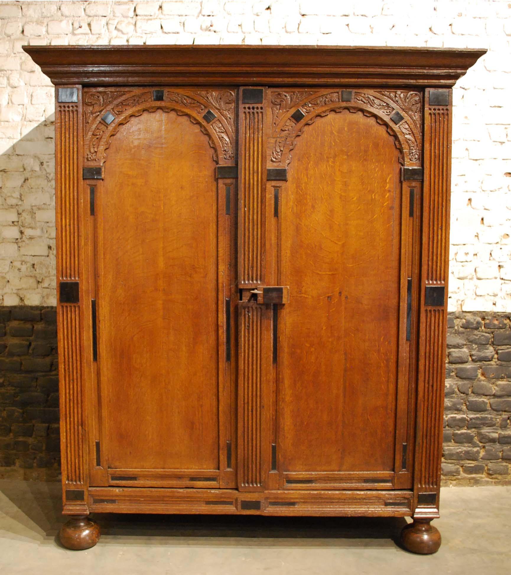 Dutch Antique 17th Century Oak and Ebony Two-Door Renaissance Cabinet For Sale