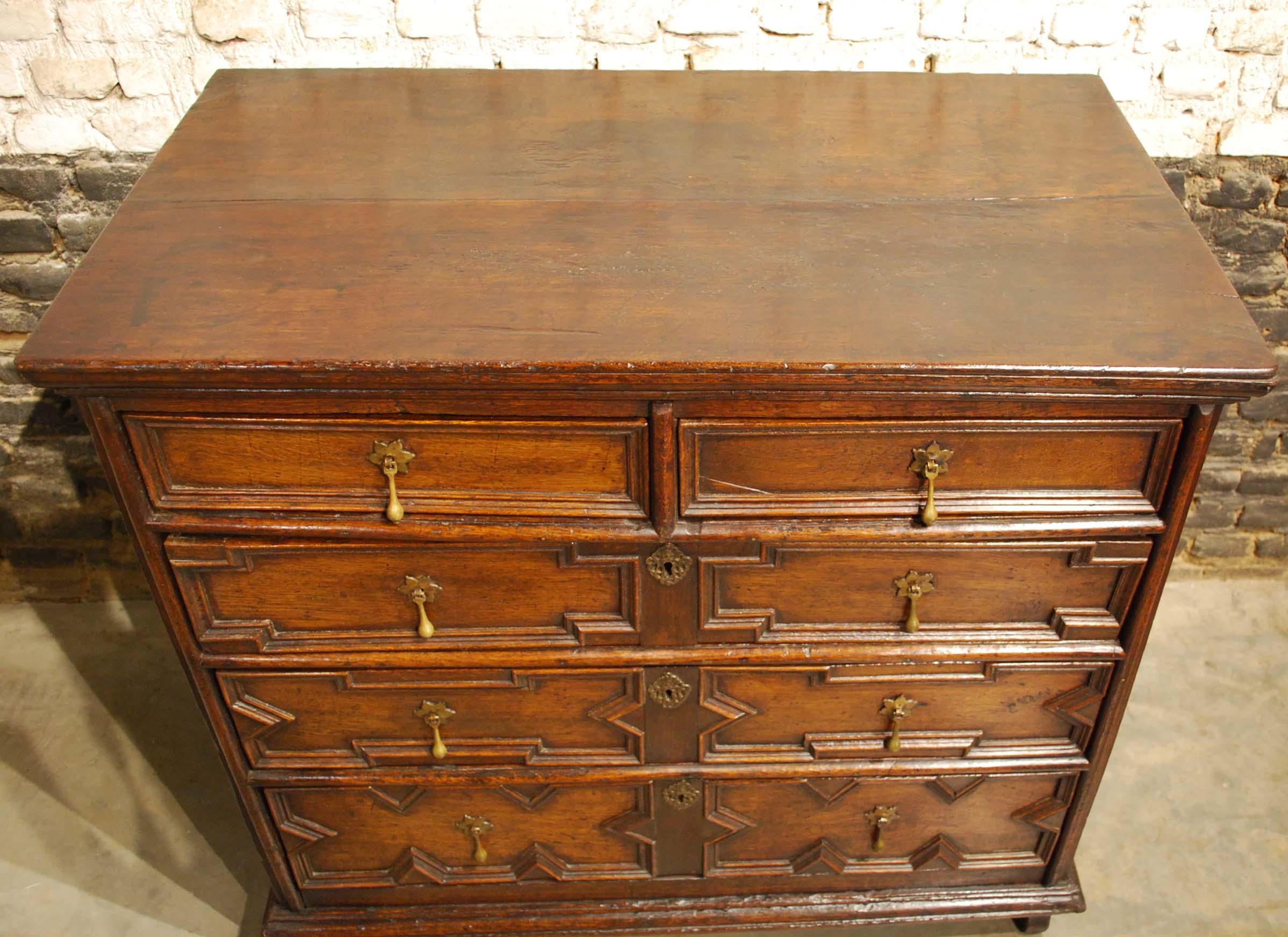 British Antique 17th Century Oak Charles II Chest of Drawers with Geometric Moulding