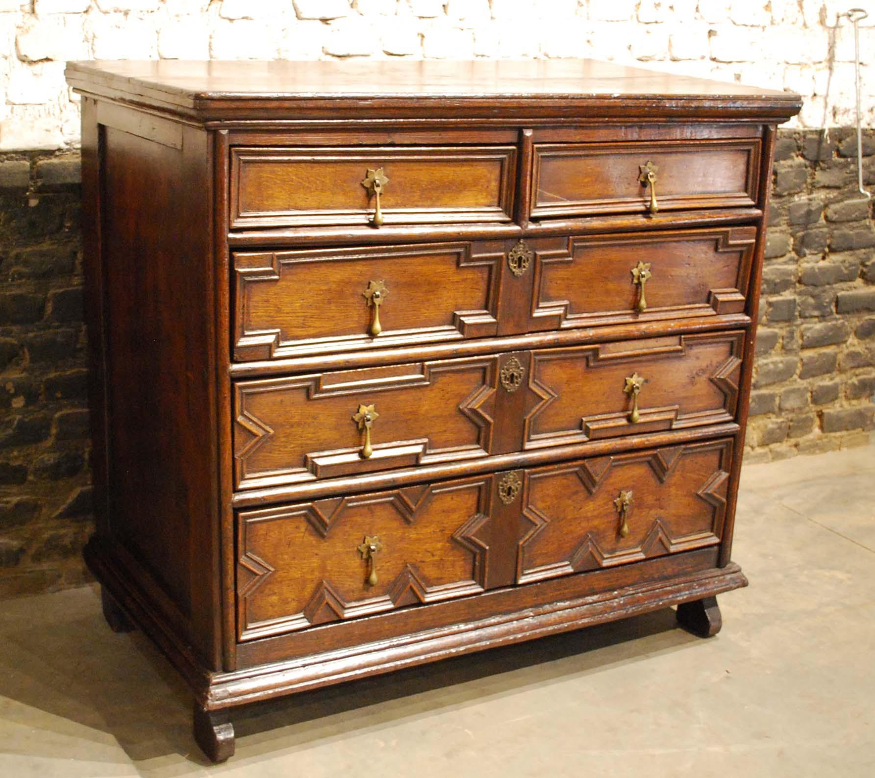 Brass Antique 17th Century Oak Charles II Chest of Drawers with Geometric Moulding