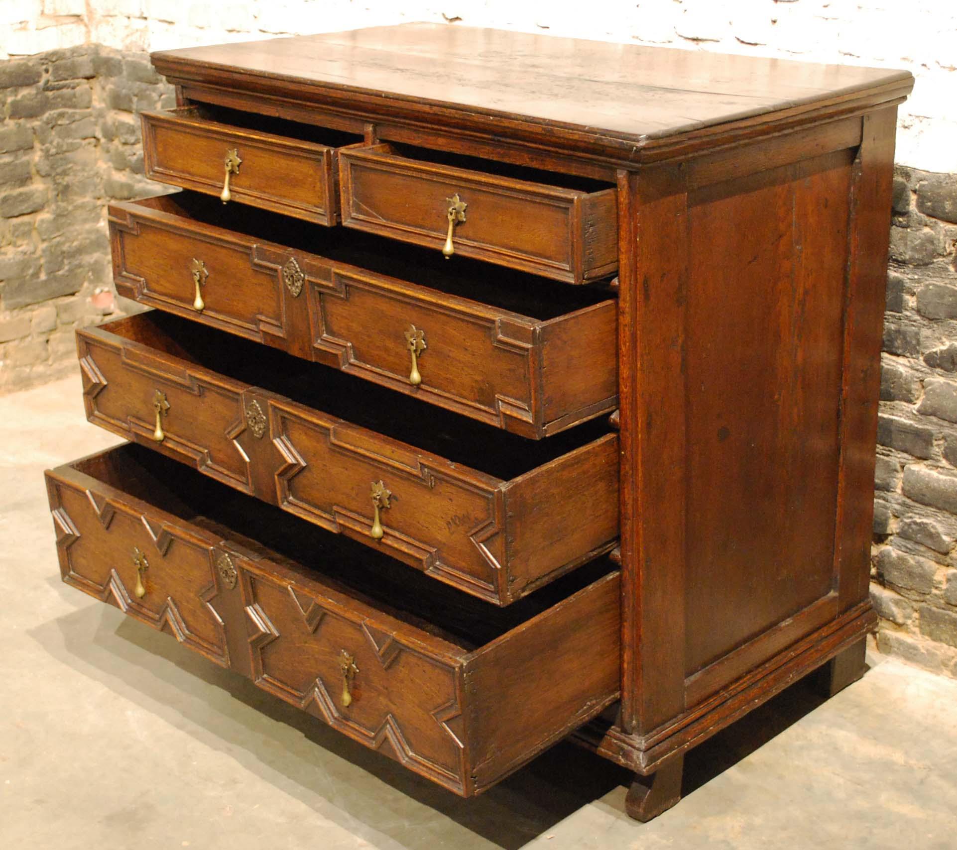 Antique 17th Century Oak Charles II Chest of Drawers with Geometric Moulding 3