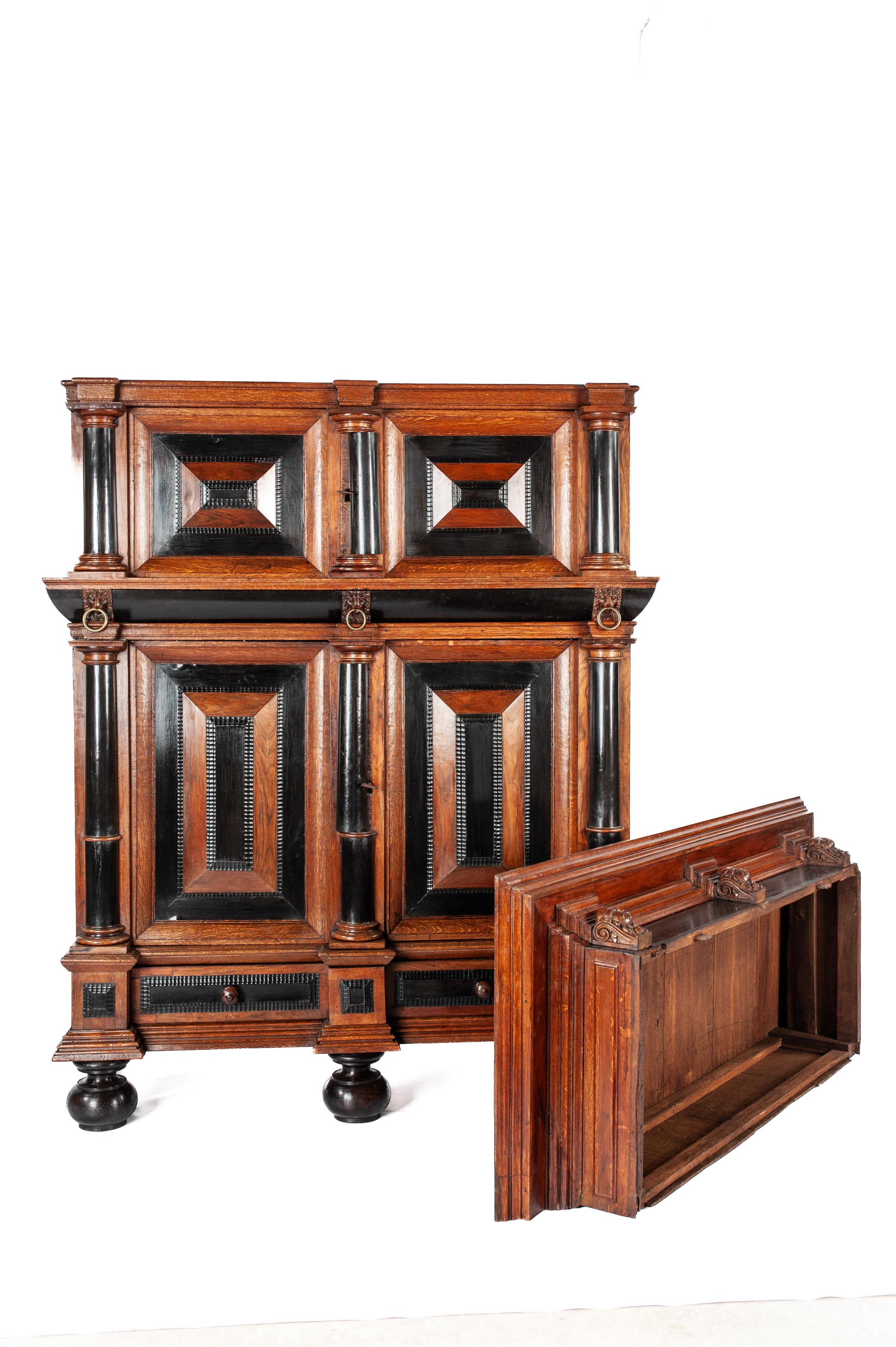 Antique 17th Century Oak Dutch Renaissance Cabinet with Ebony and Mahogany For Sale 2