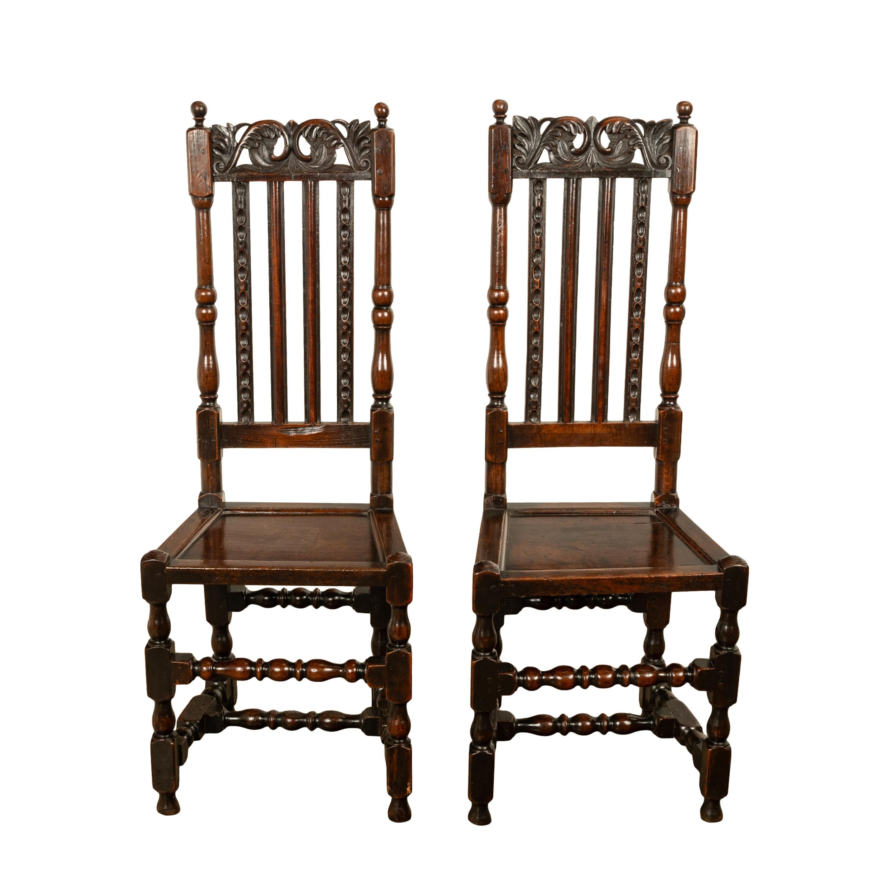 Late 17th Century Antique 17th Century Pair Joined Oak King William & Queen Mary Side Chairs 1690 For Sale