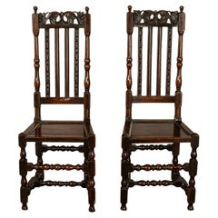 Antique 17th Century Pair Joined Oak King William & Queen Mary Side Chairs 1690