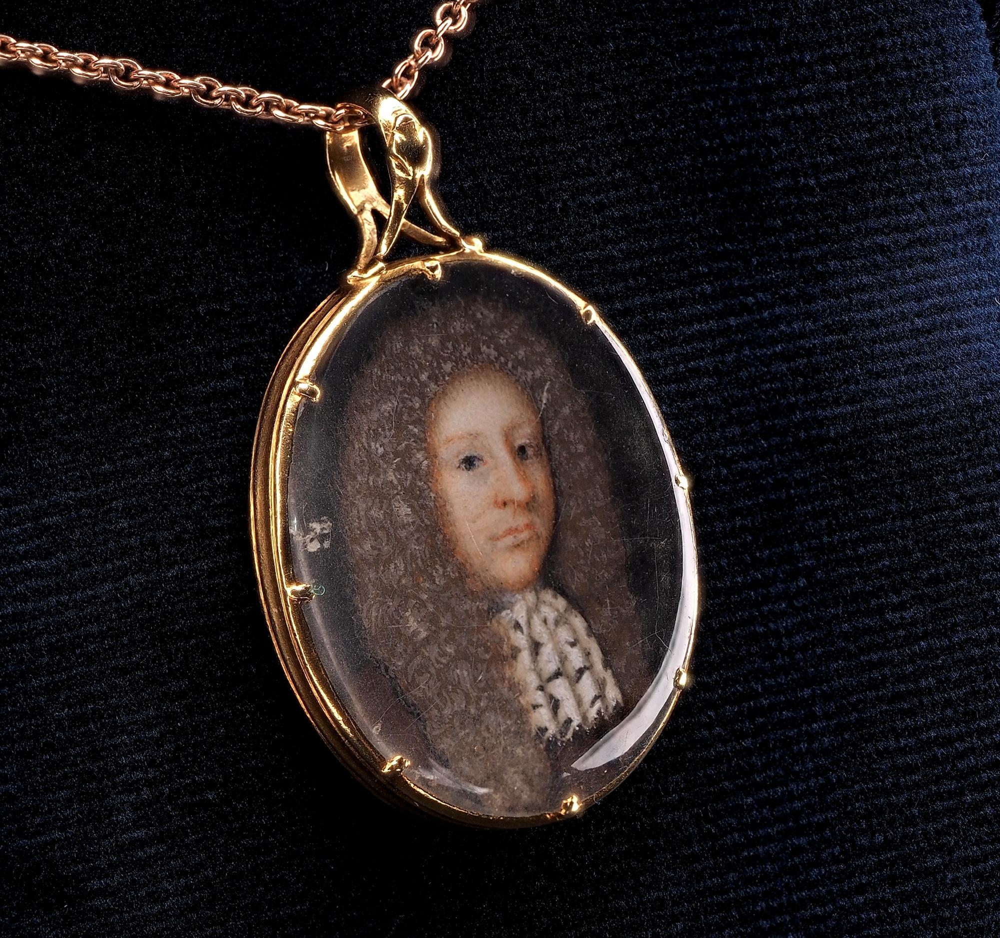 Cabochon Antique 17th Century Portrait Miniature Pendant Moss Agate Back For Sale