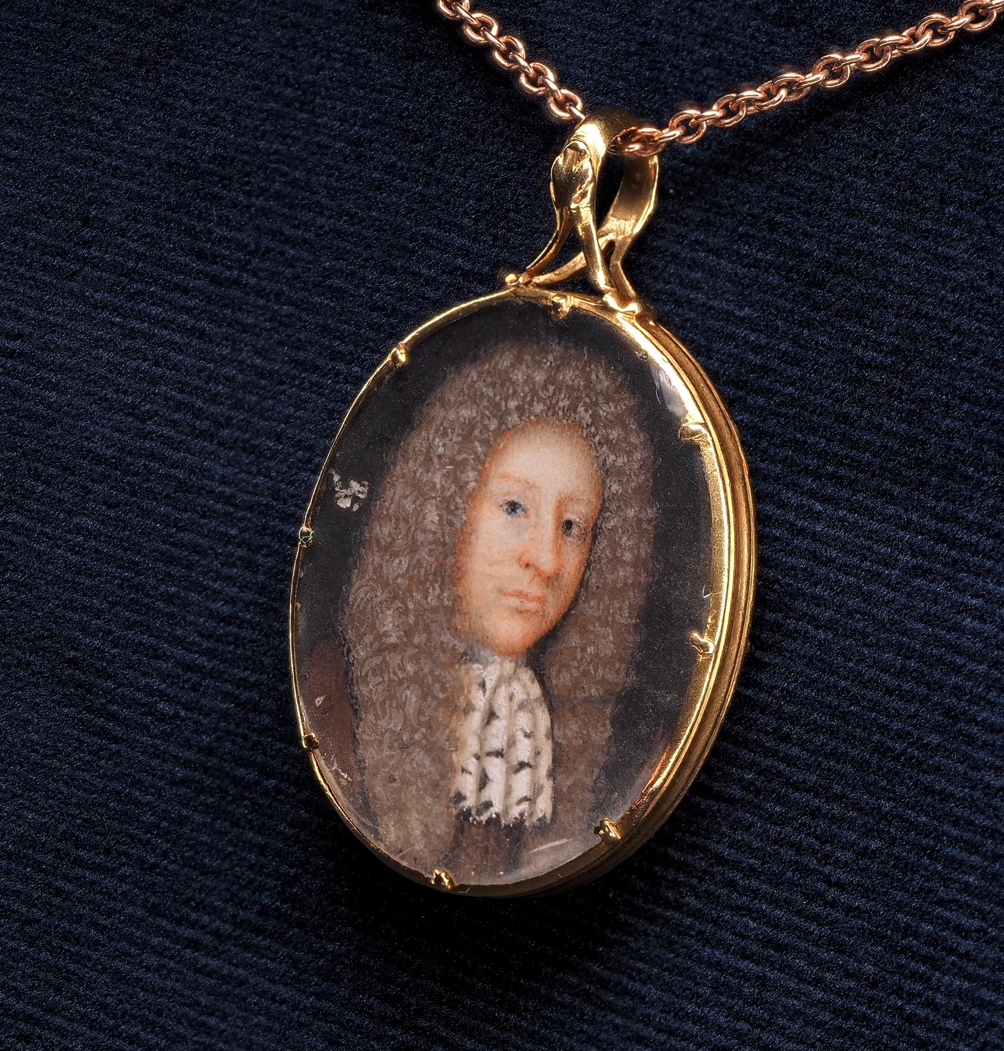 Women's or Men's Antique 17th Century Portrait Miniature Pendant Moss Agate Back For Sale