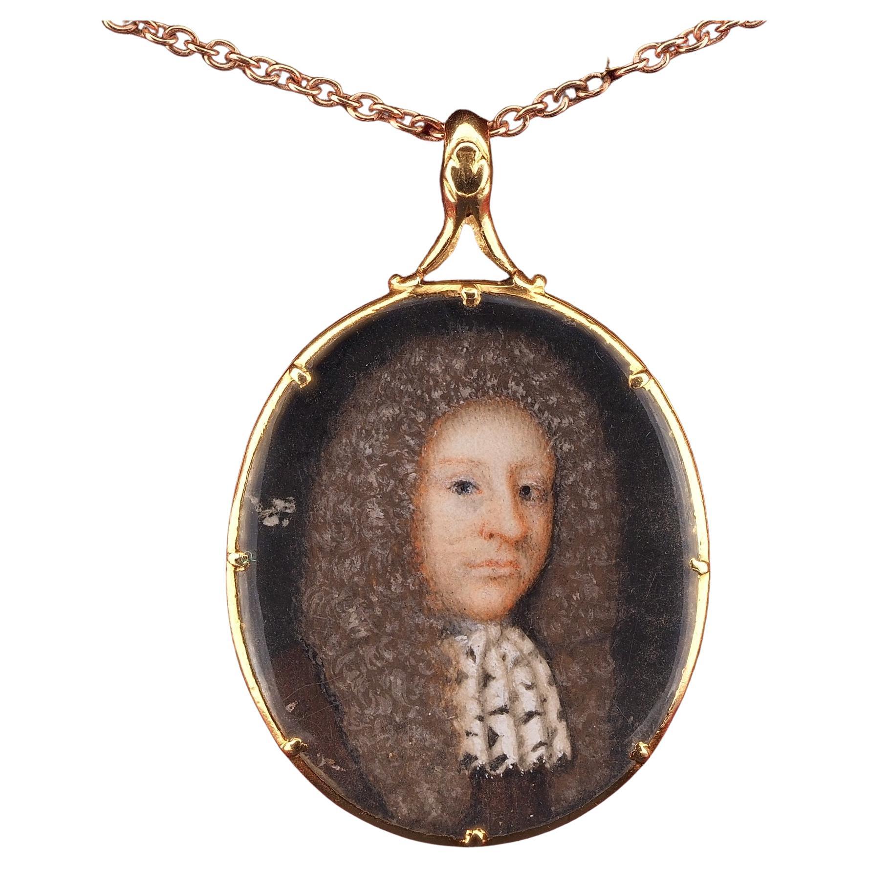 Antique 17th Century Portrait Miniature Pendant Moss Agate Back For Sale