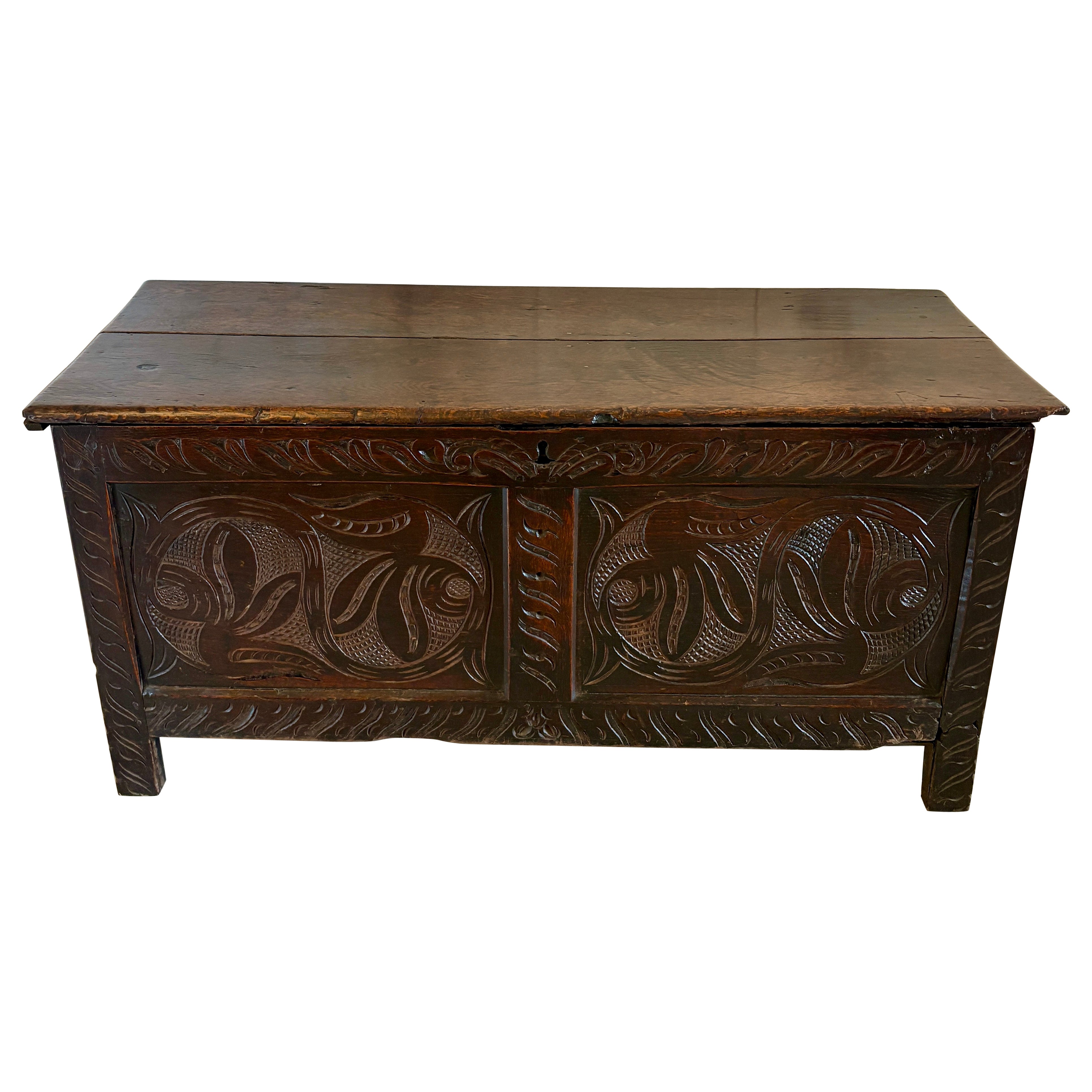 Antique 17th Century Quality Carved Oak Coffer