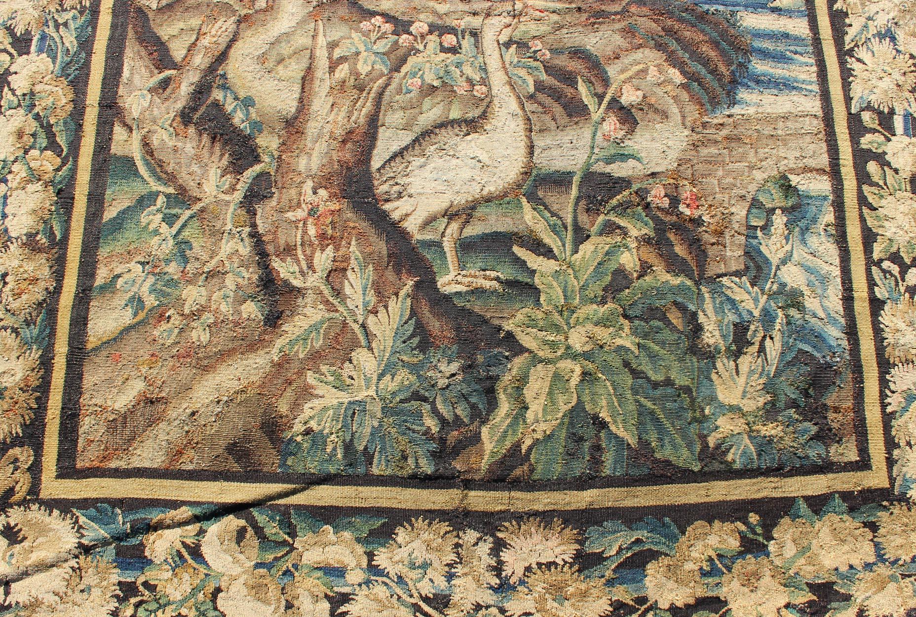 Antique 17th Century Scenic Tapestry Surrounded by Floral Border For Sale 9