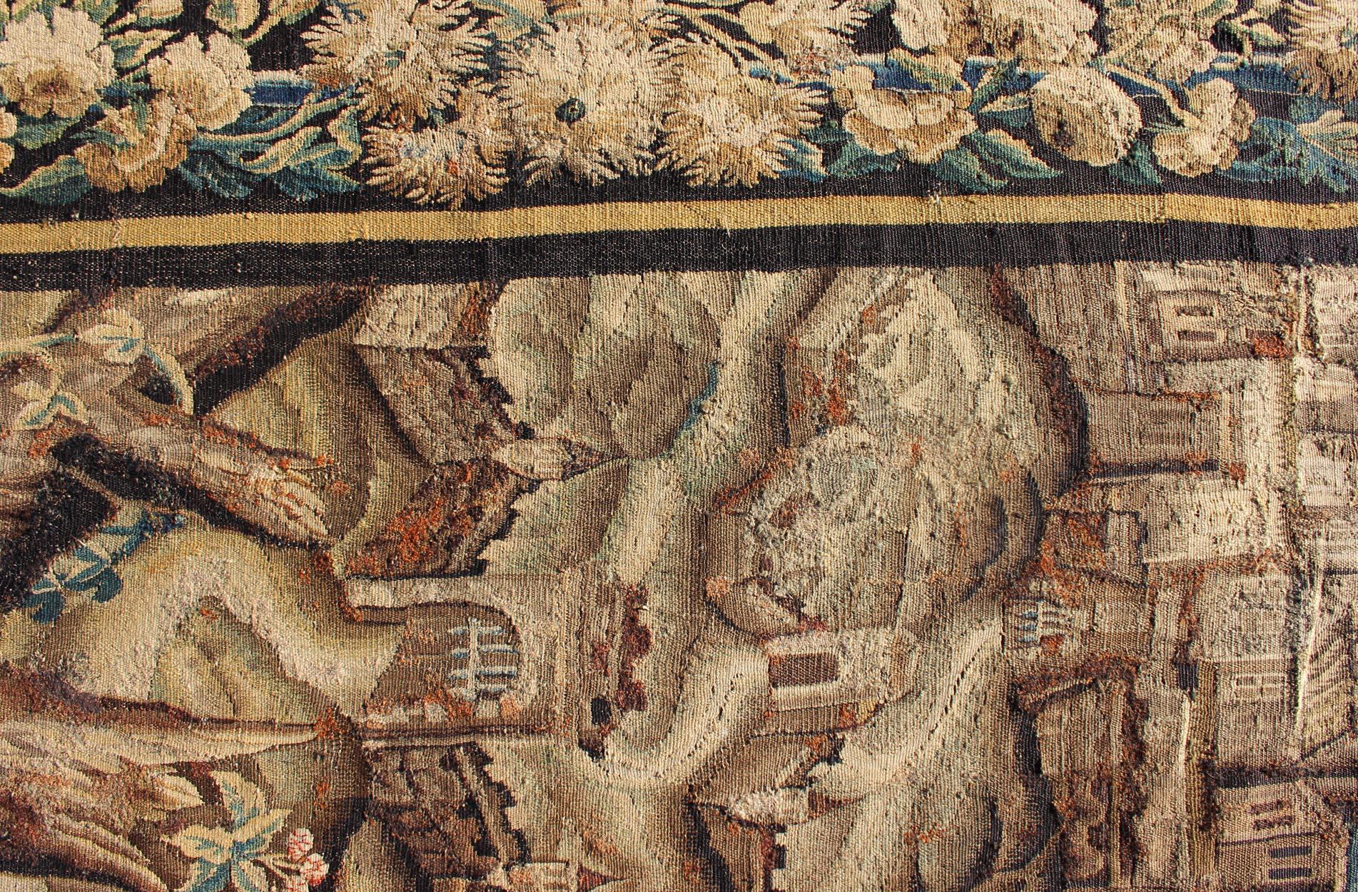 Antique 17th Century Scenic Tapestry Surrounded by Floral Border For Sale 11