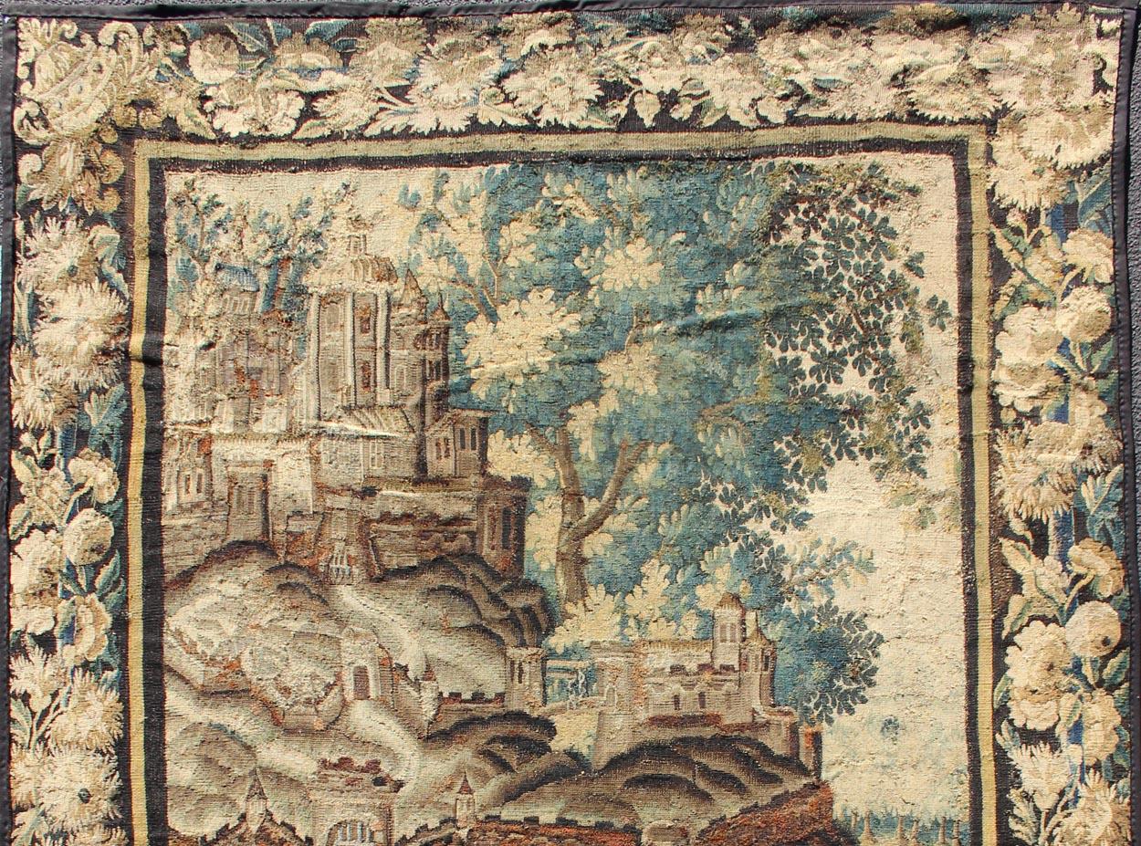 European Antique 17th Century Scenic Tapestry Surrounded by Floral Border For Sale