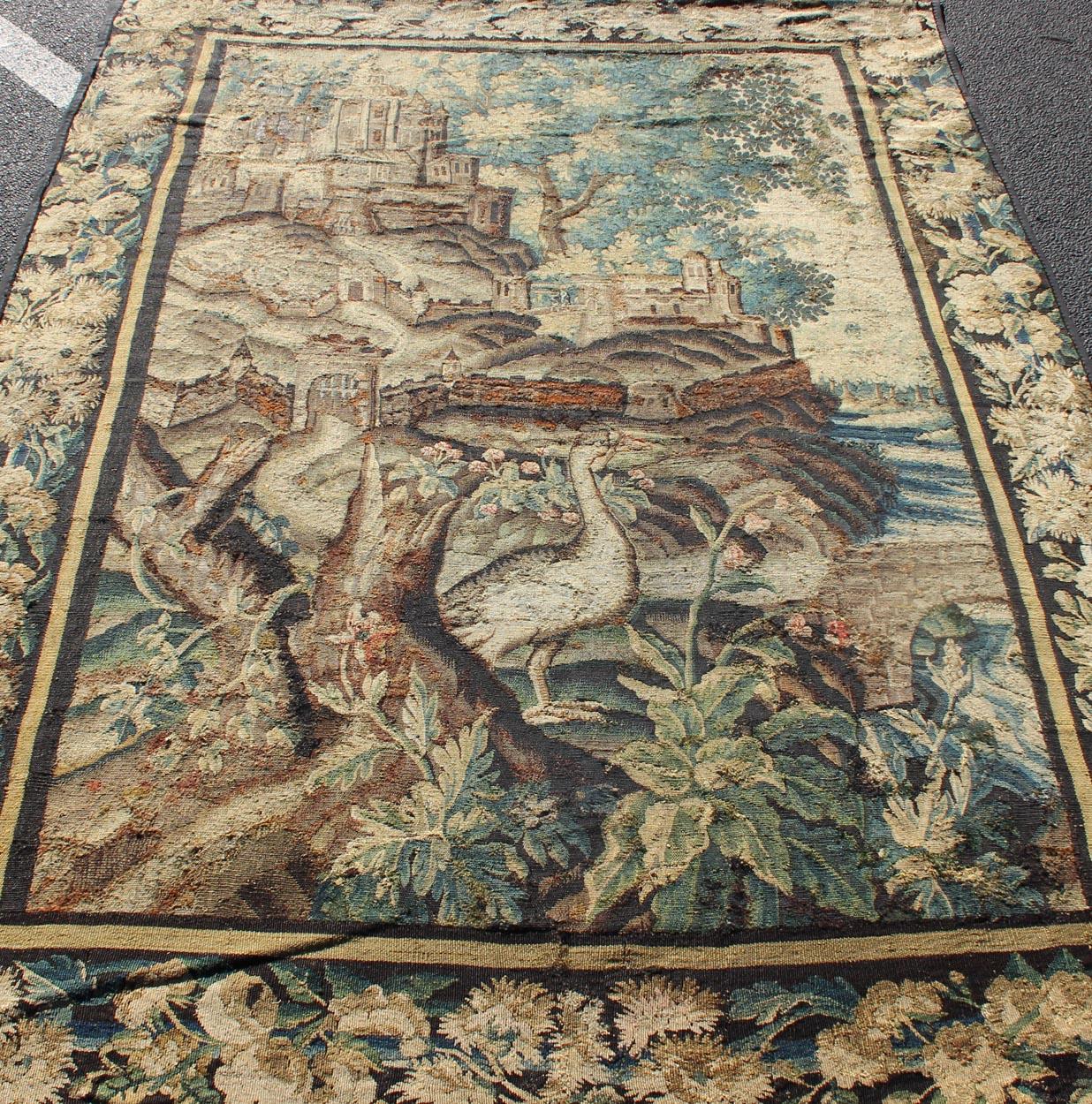 Hand-Woven Antique 17th Century Scenic Tapestry Surrounded by Floral Border For Sale