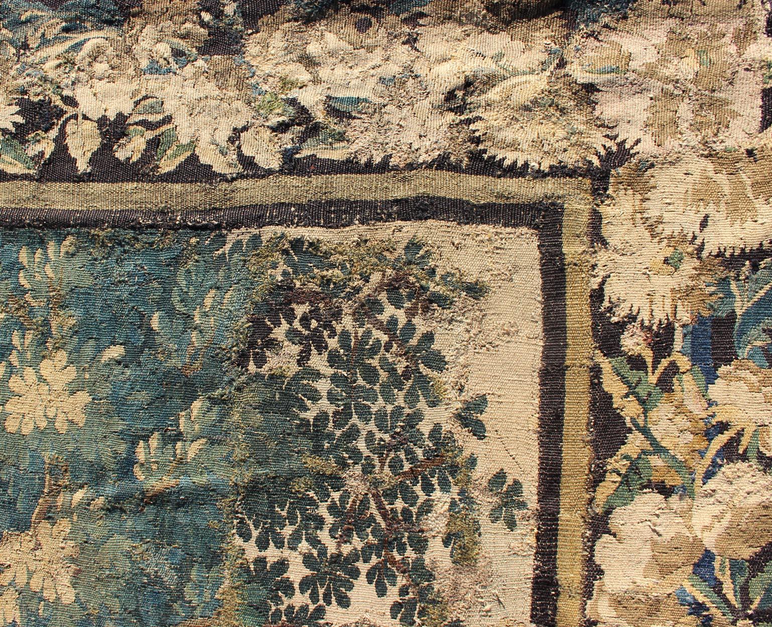 Antique 17th Century Scenic Tapestry Surrounded by Floral Border In Good Condition For Sale In Atlanta, GA