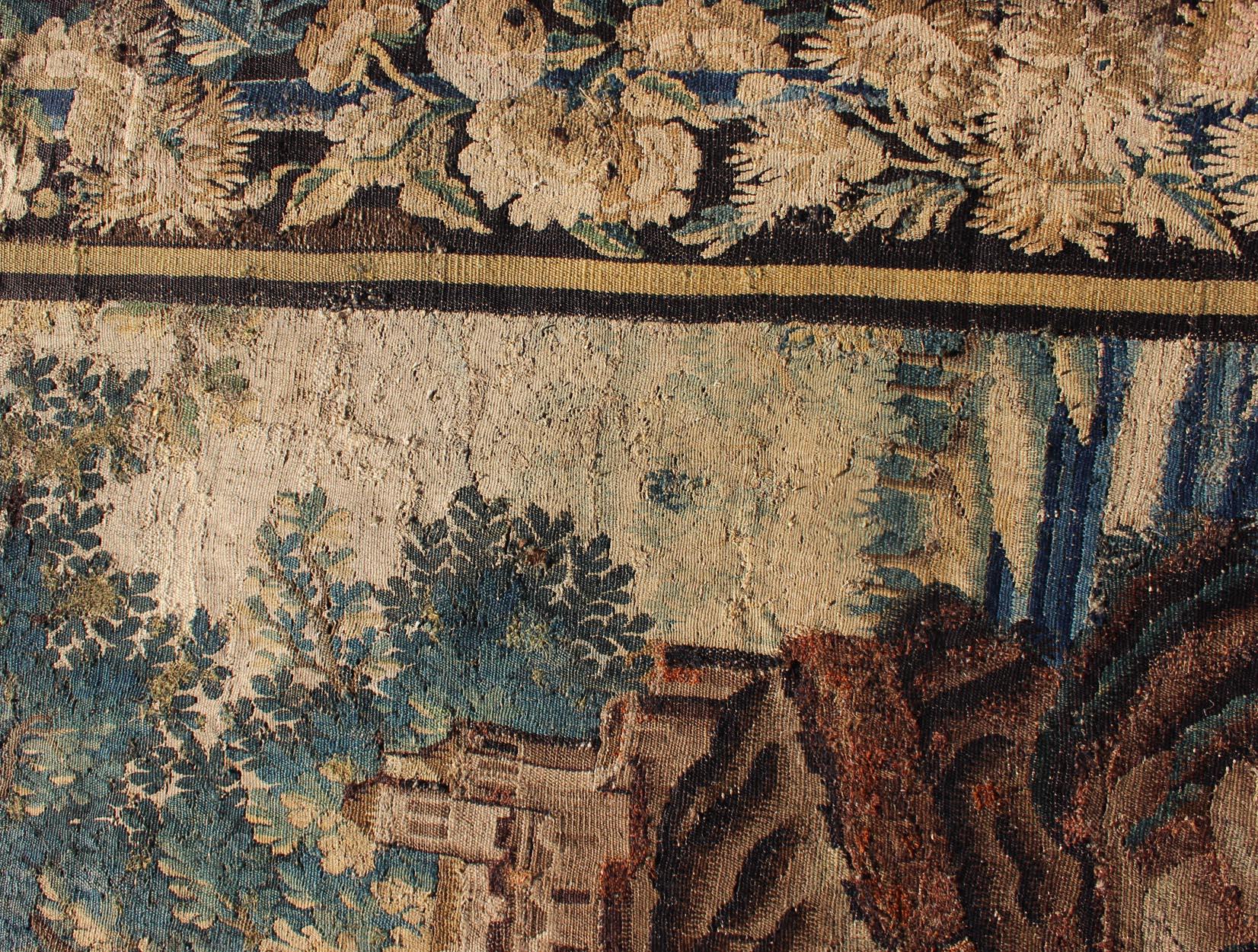 Early 17th Century Antique 17th Century Scenic Tapestry Surrounded by Floral Border For Sale