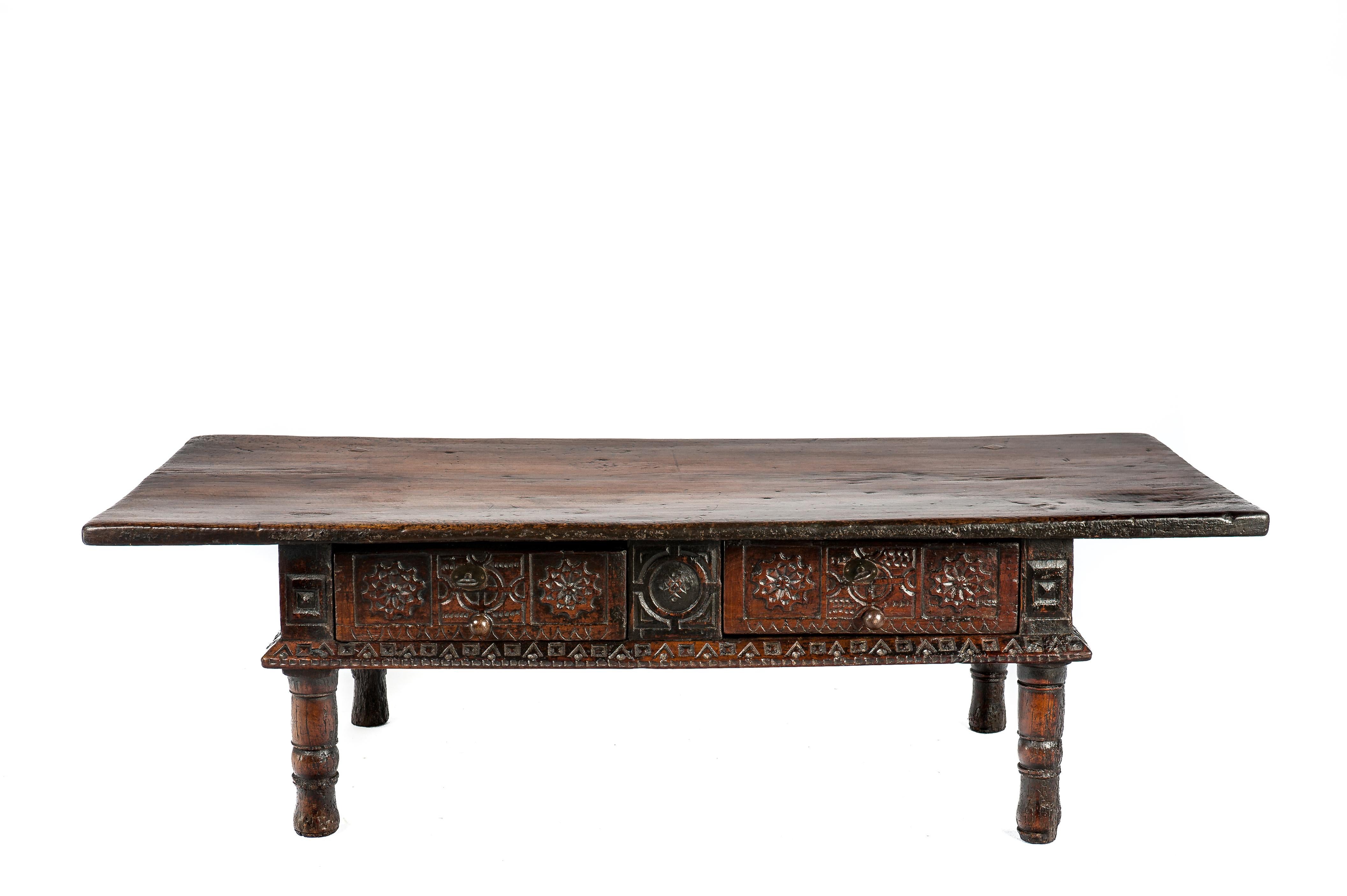 Forged Antique 17th Century Spanish Baroque Carved Chestnut Two Drawer Coffee Table