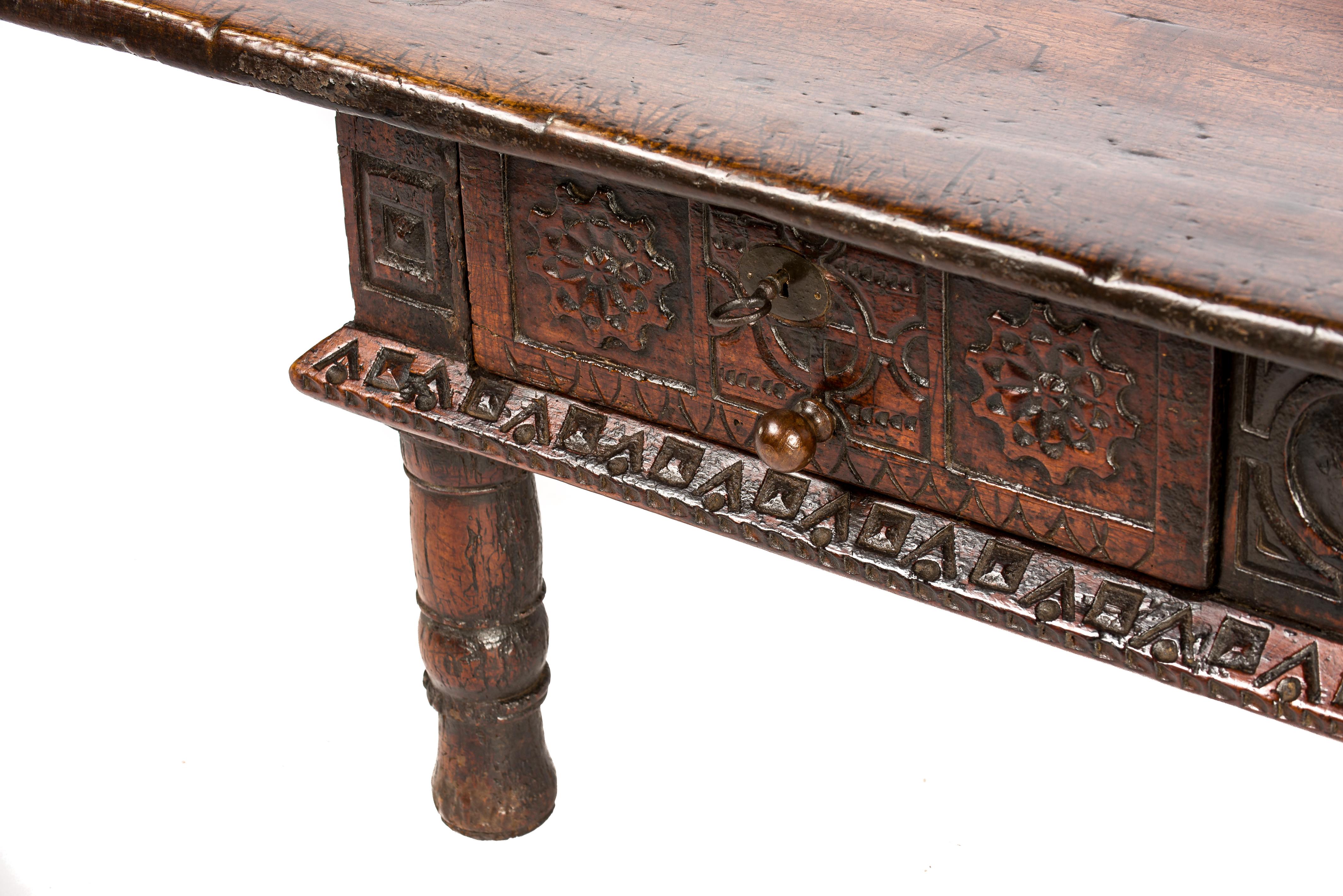 Antique 17th Century Spanish Baroque Carved Chestnut Two Drawer Coffee Table 3